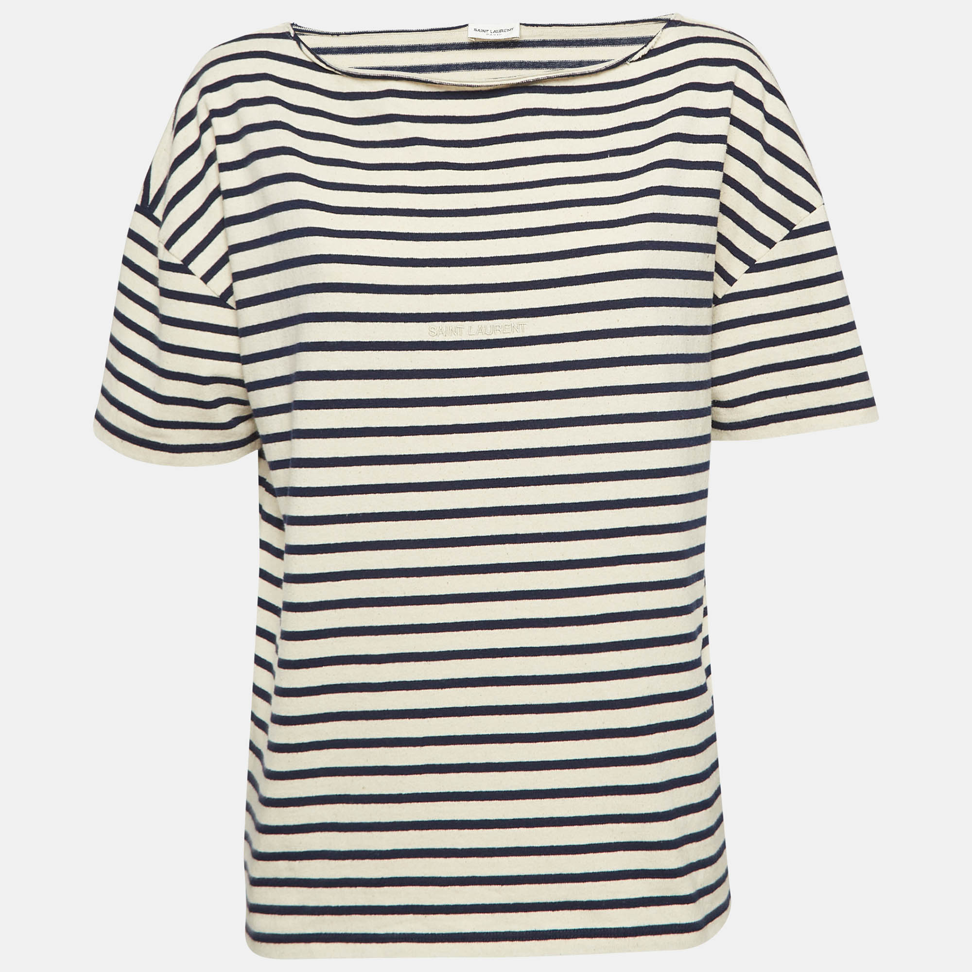 Pre-owned Saint Laurent Navy Blue/white Stiped Cotton T-shirt L