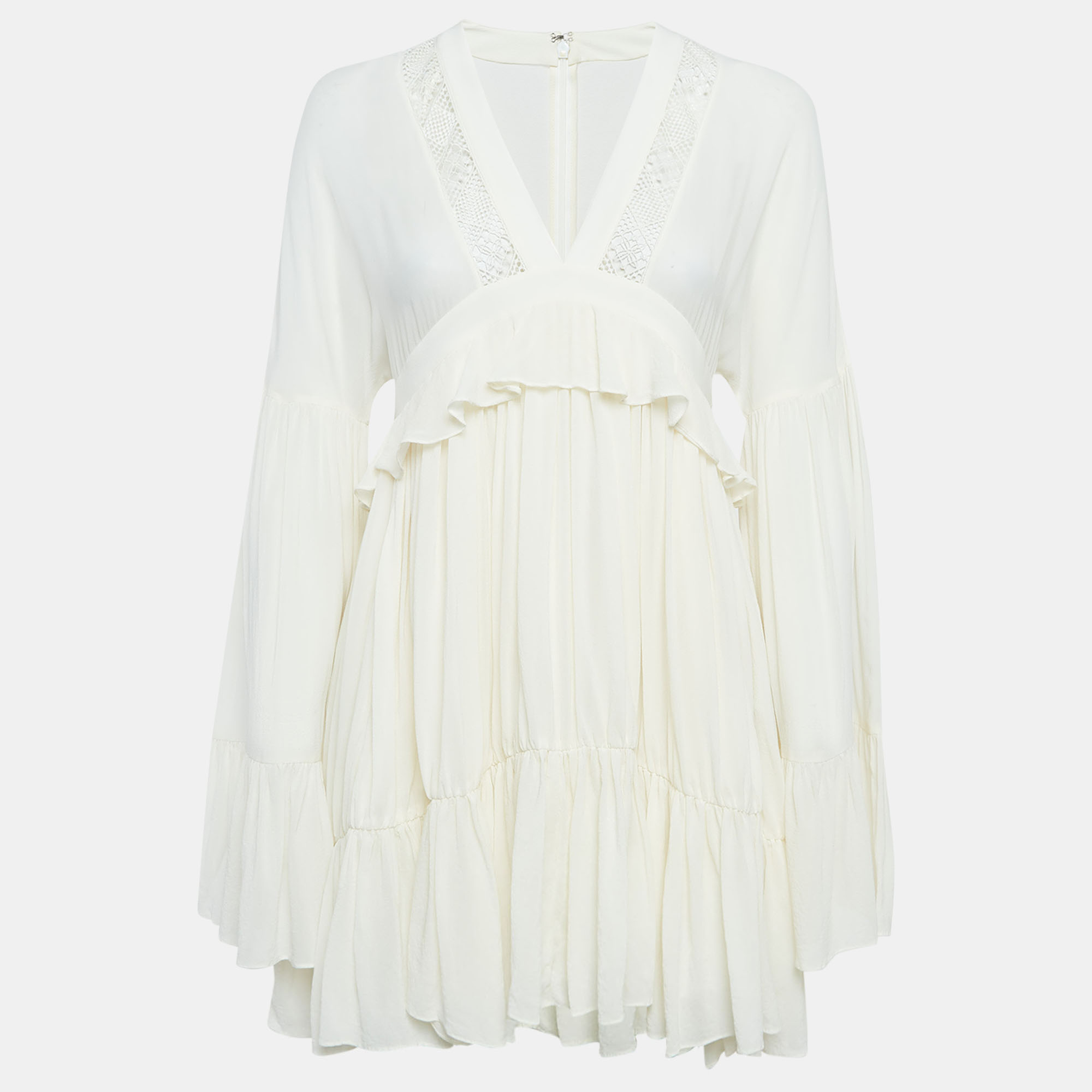 Pre-owned Saint Laurent Off-white Silk Ruffled Mini Dress S