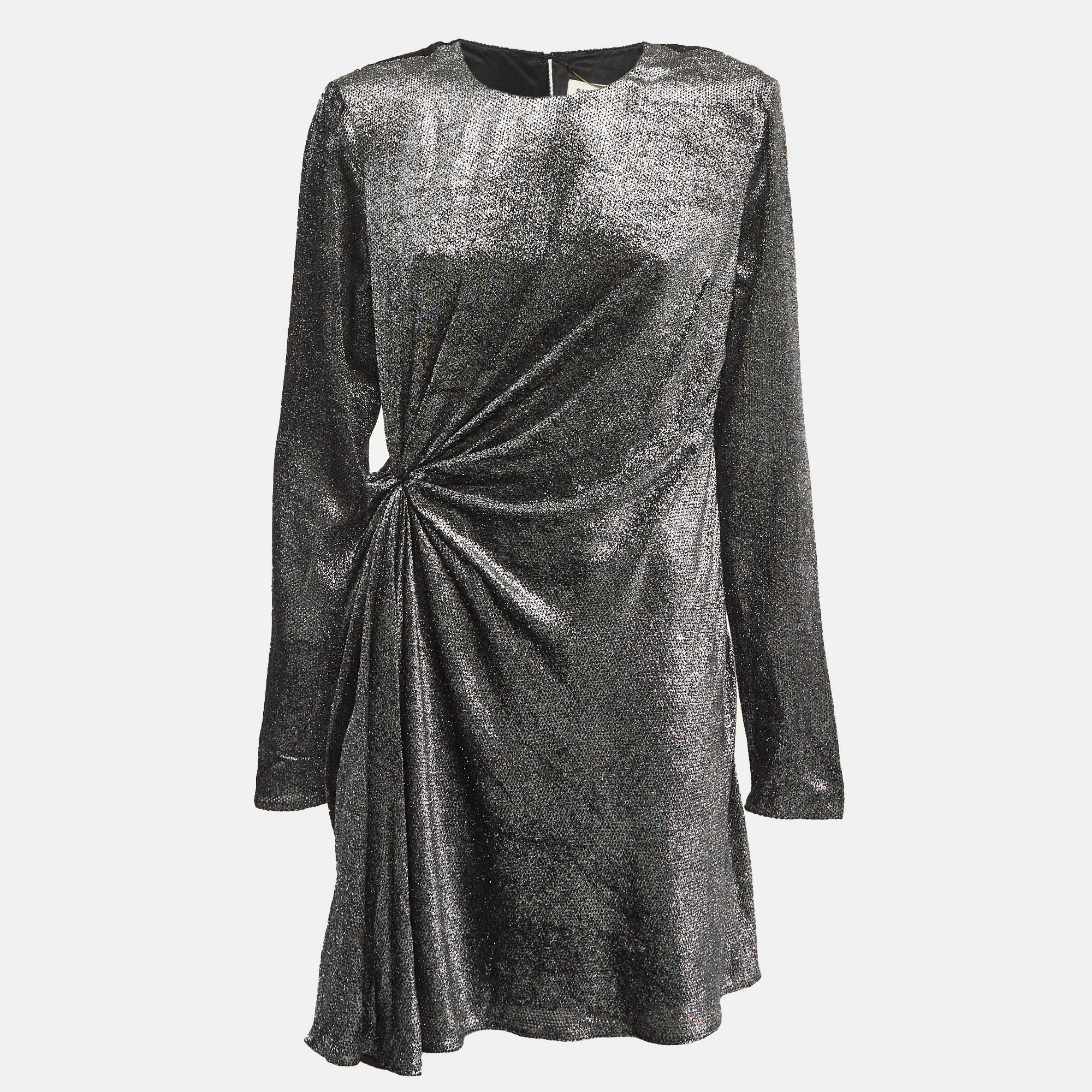 

Saint Laurent Metallic Lurex Crepe Draped Mini Dress M, Silver