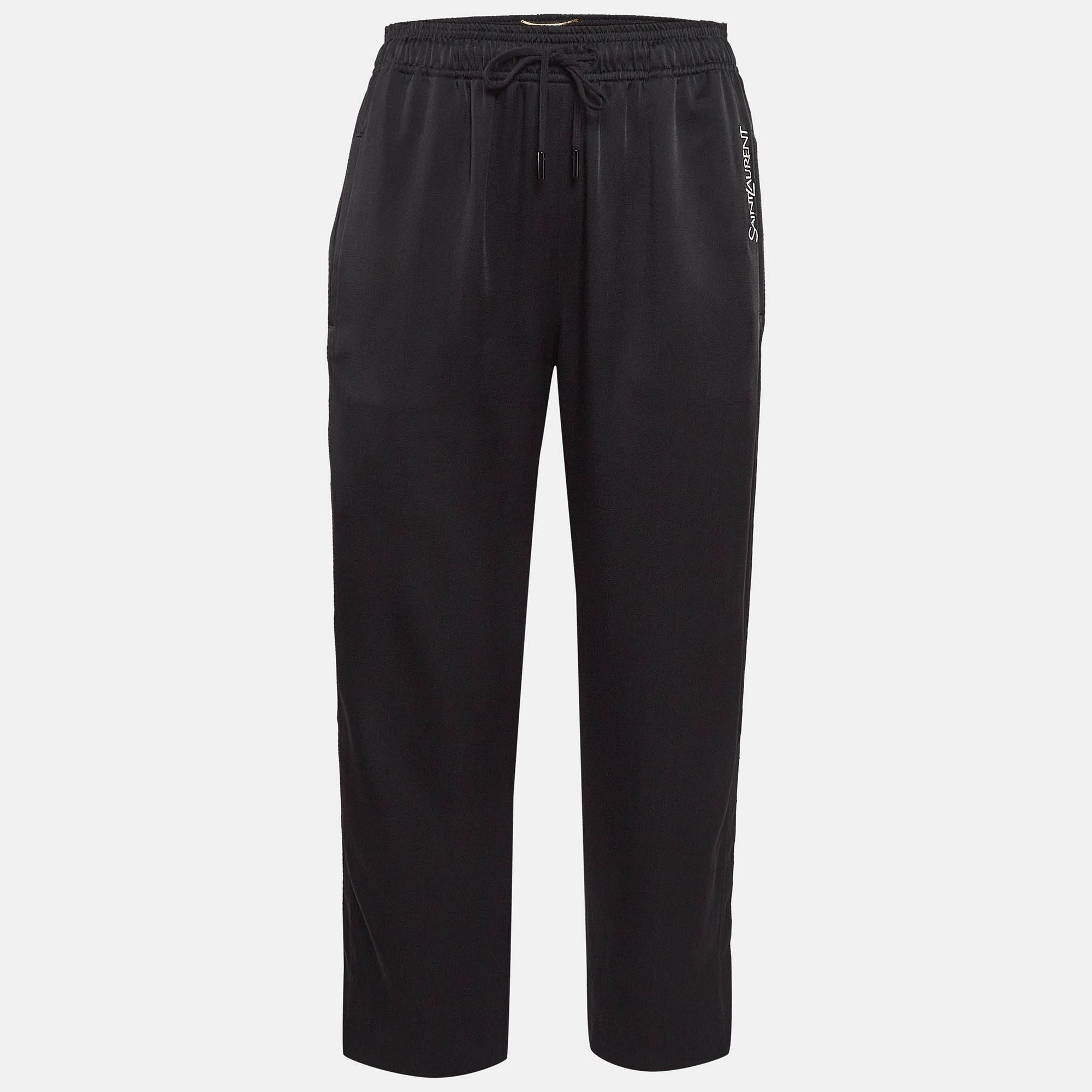 Pre-owned Saint Laurent Black Satin Buttoned Side Slit Trousers S