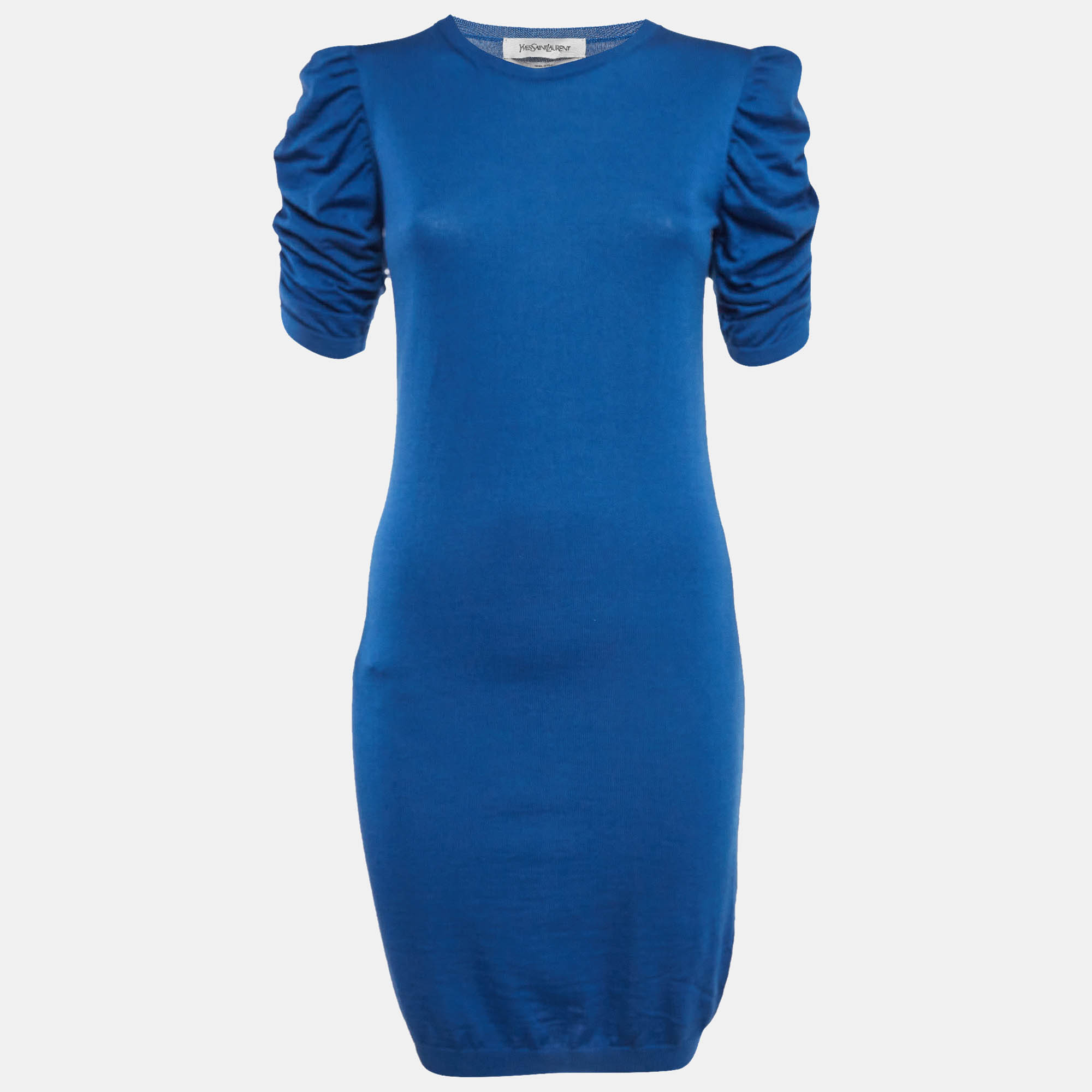 

Saint Laurent Blue Knit Ruched Sleeves Midi Dress XS