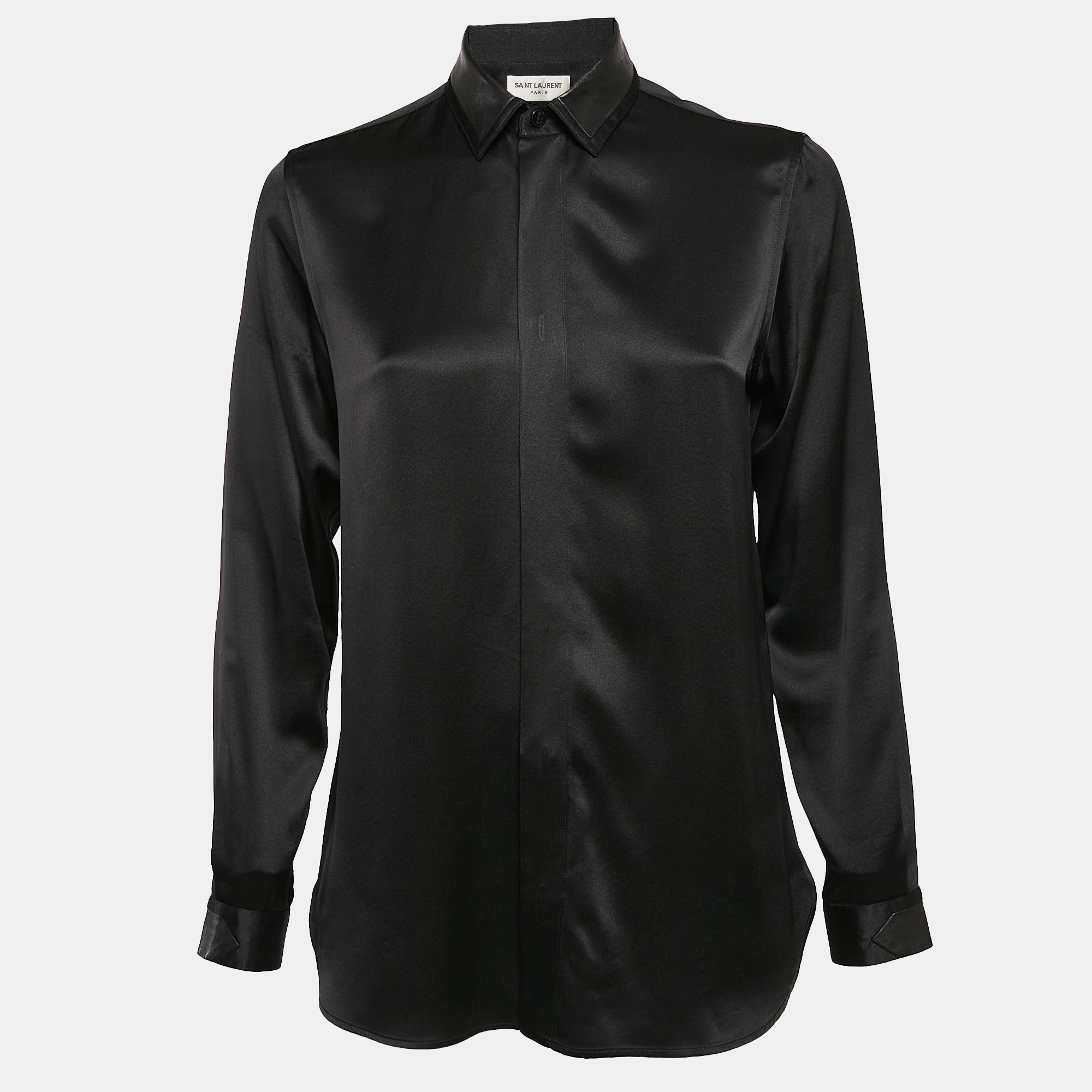 

Saint Laurent Paris Black Satin Silk Leather Trim Button Front Shirt M