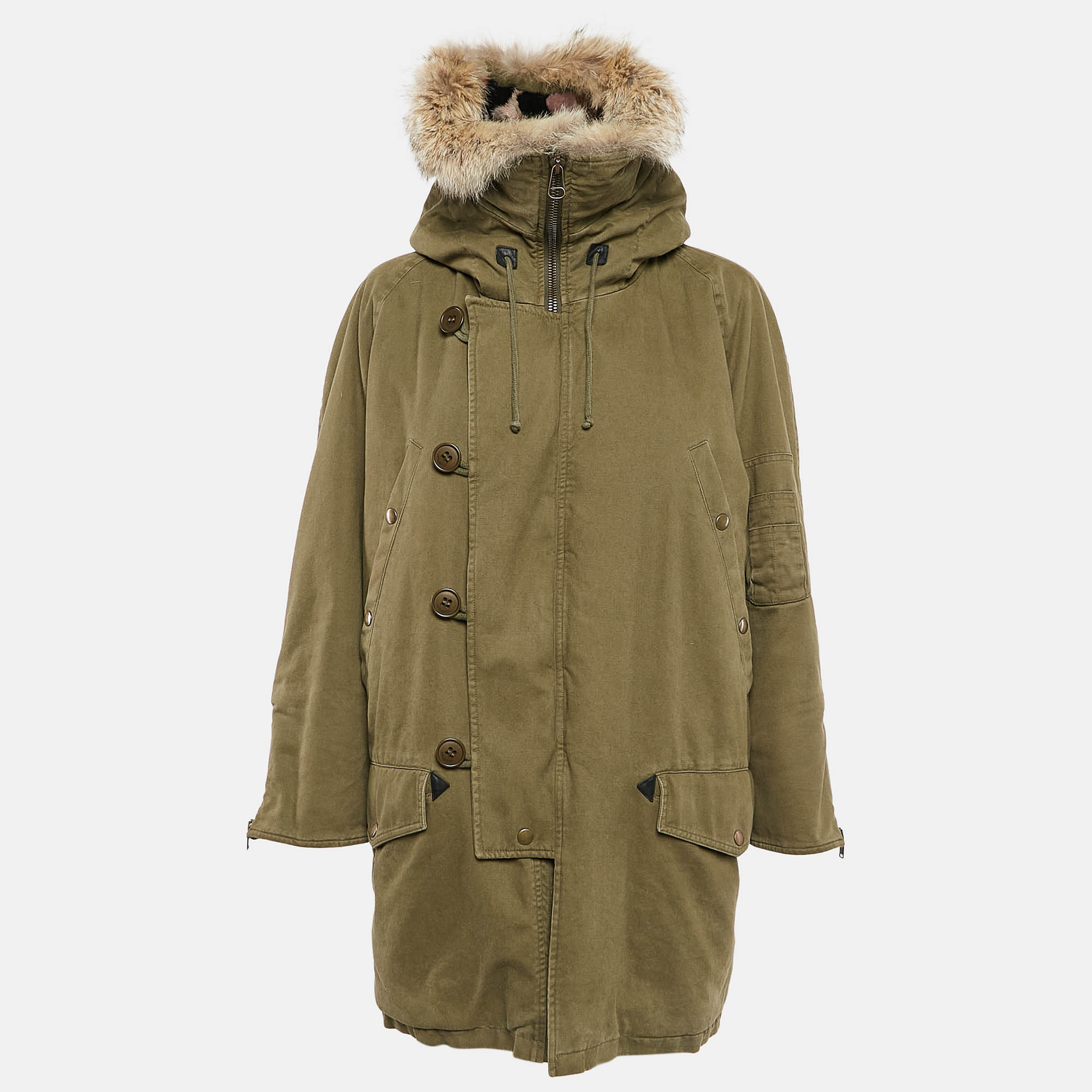 

Saint Laurent Paris Olive Green Cotton and Mink Fur Hooded Parka Coat M