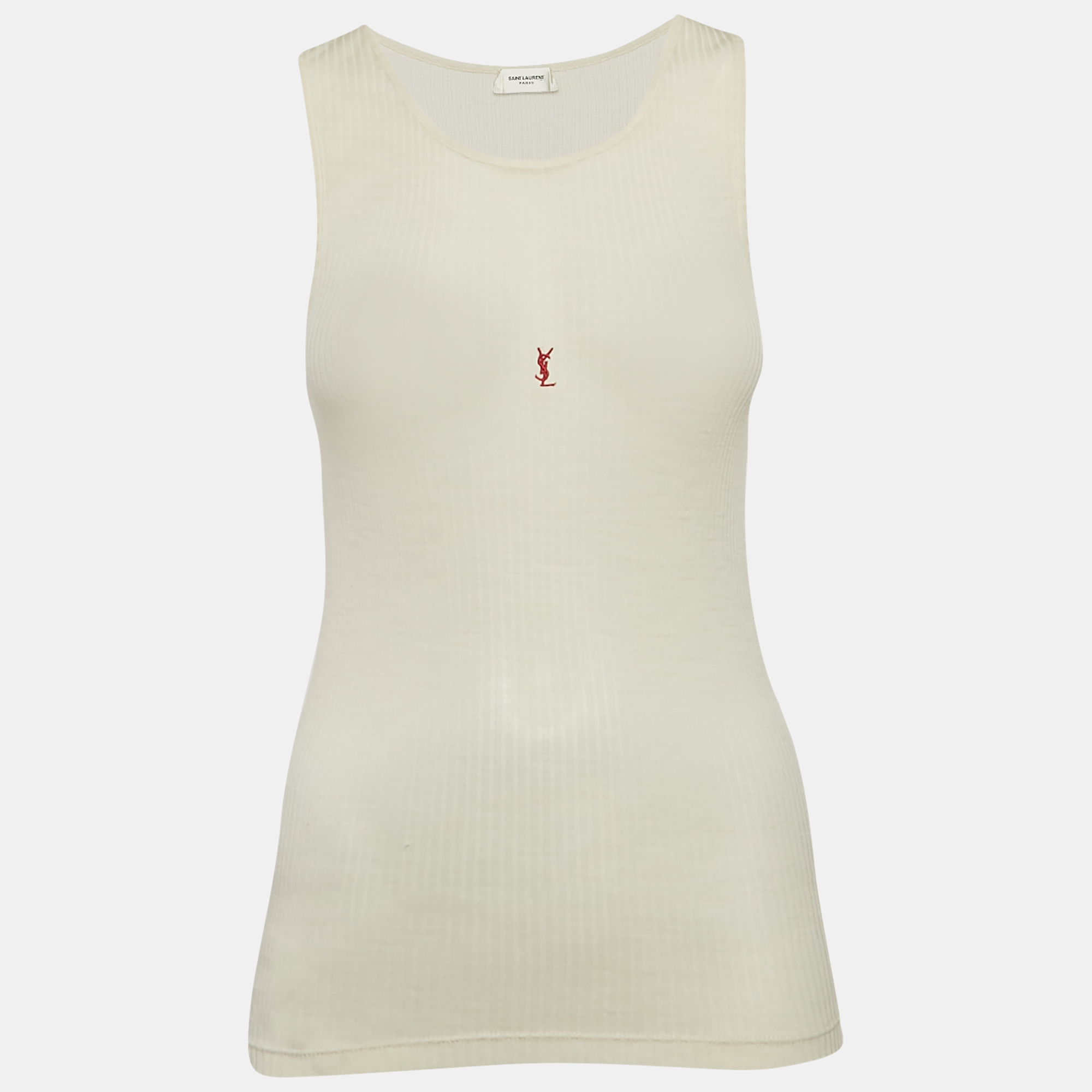 

Saint Laurent Paris Cream Logo Embroidered Rib Knit Tank Top M