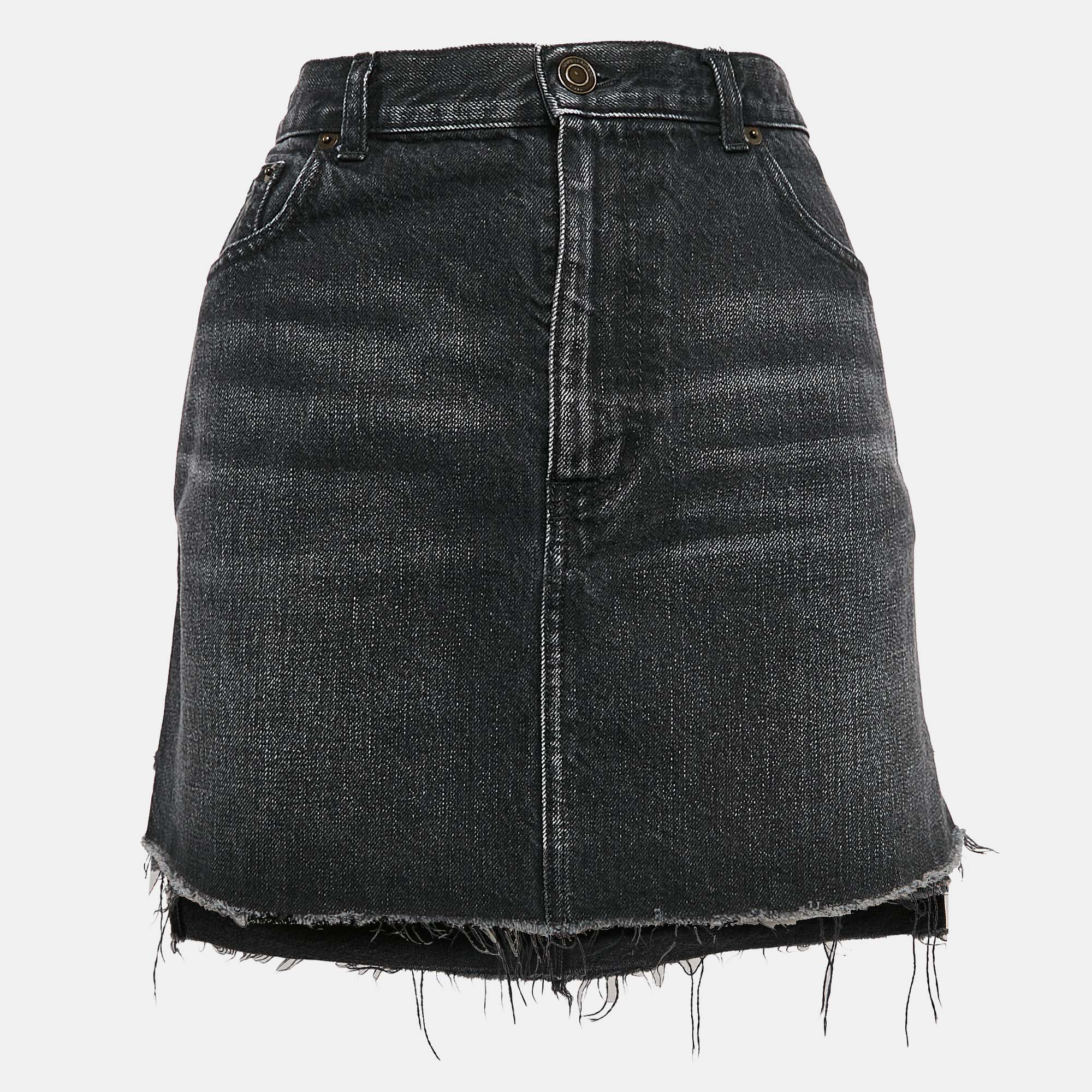 

Saint Laurent Black Denim Raw Edge Mini Skirt M