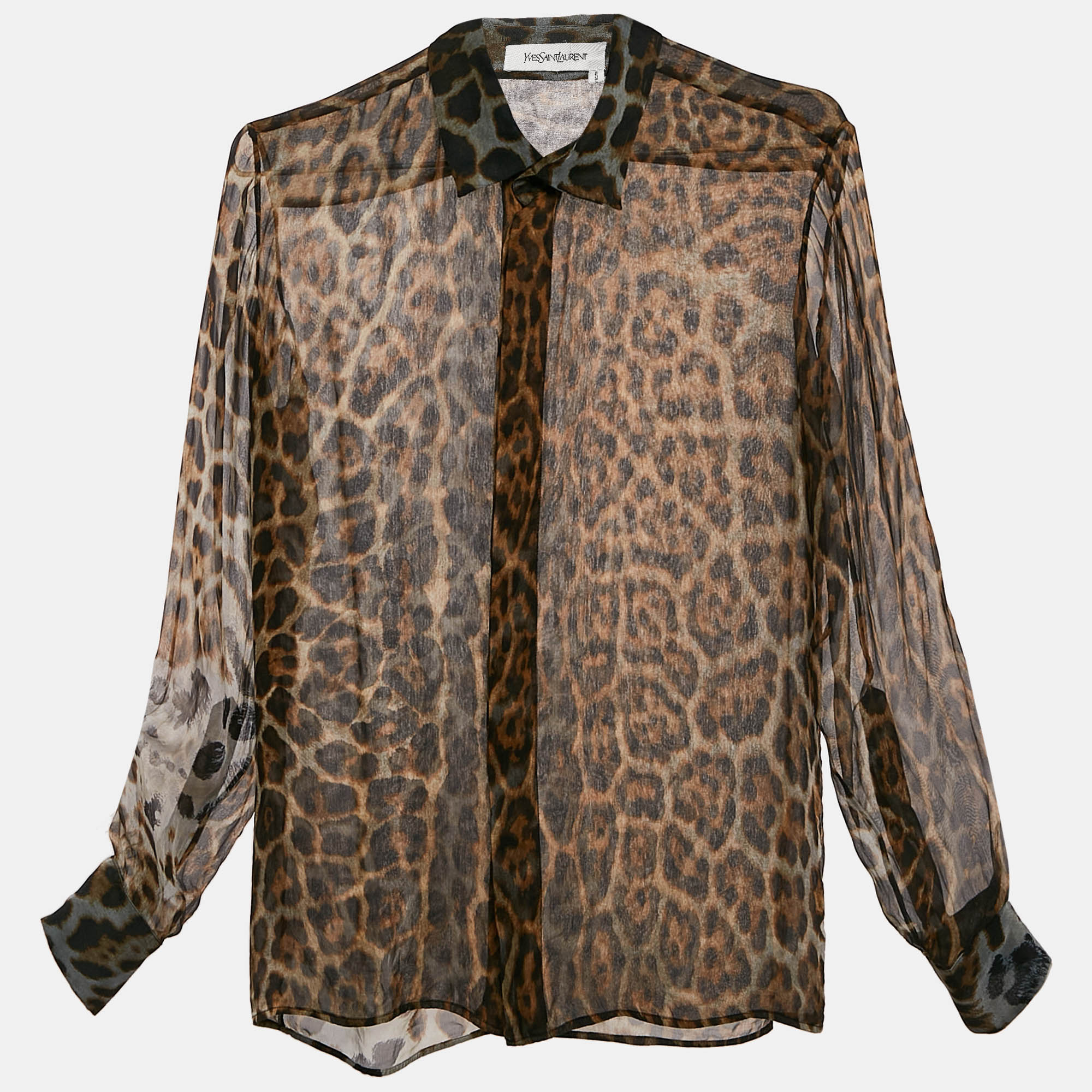 

Saint Laurent Brown Leopard Print Silk Sheer Shirt M