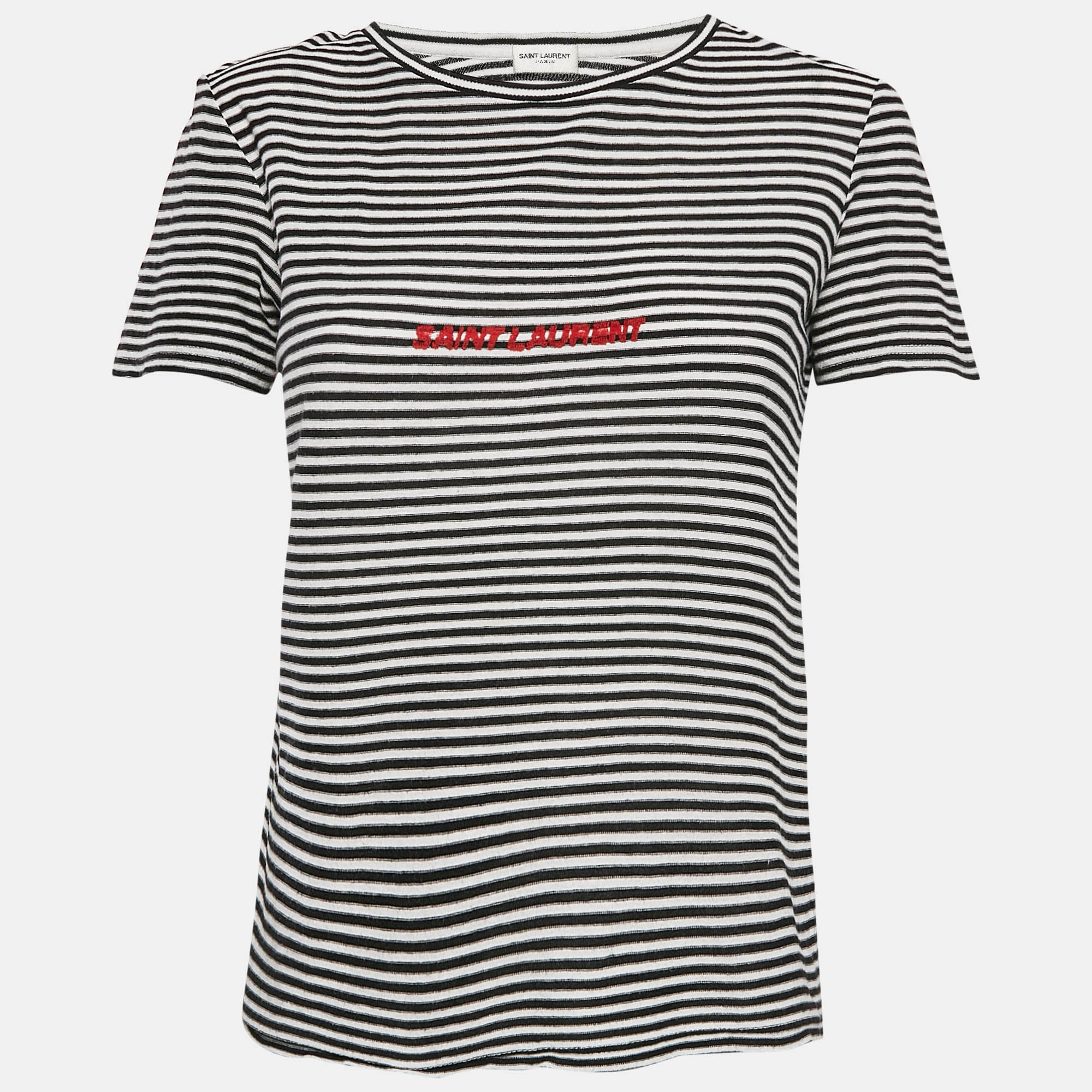 

Saint Laurent Paris White/Black Stripe Logo Embroidered Jersey T-Shirt M