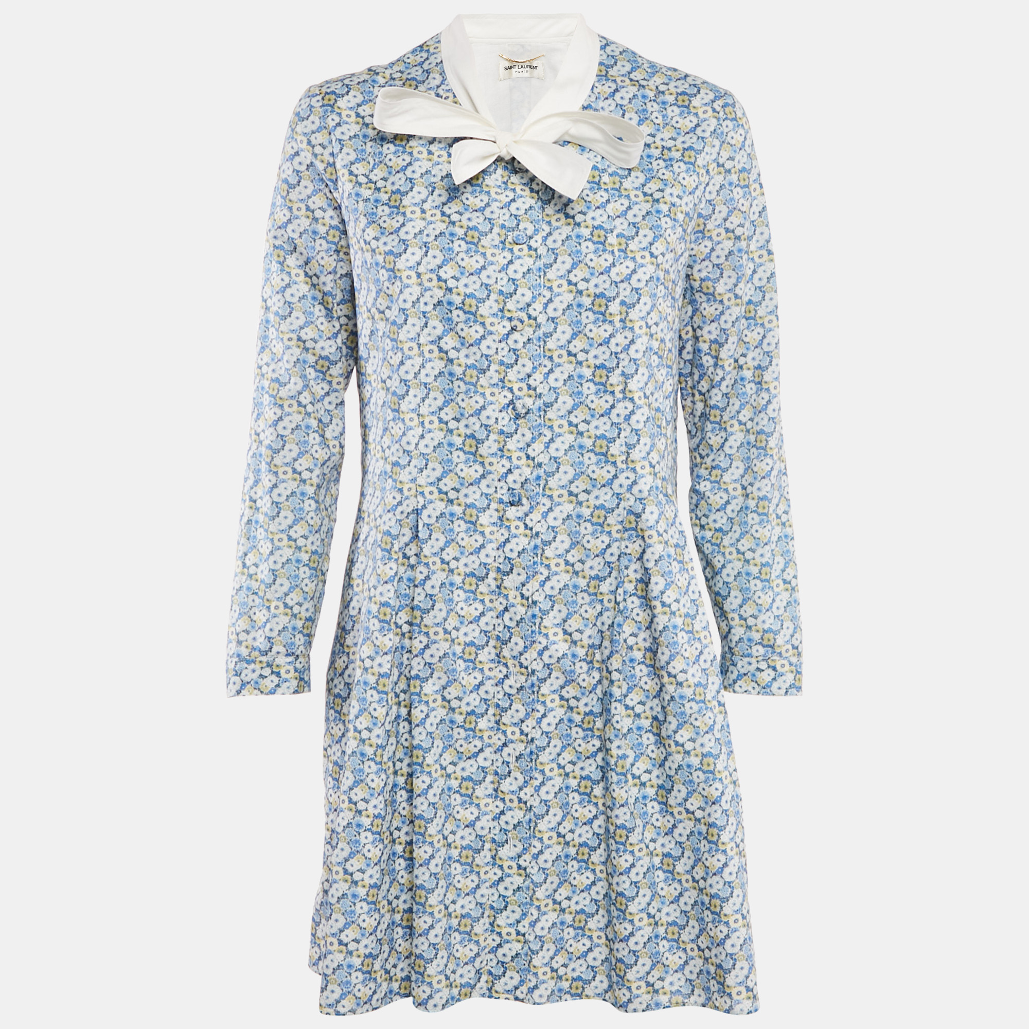 

Saint Laurent Paris Blue Floral Print Pleated Button Front Mini Dress L