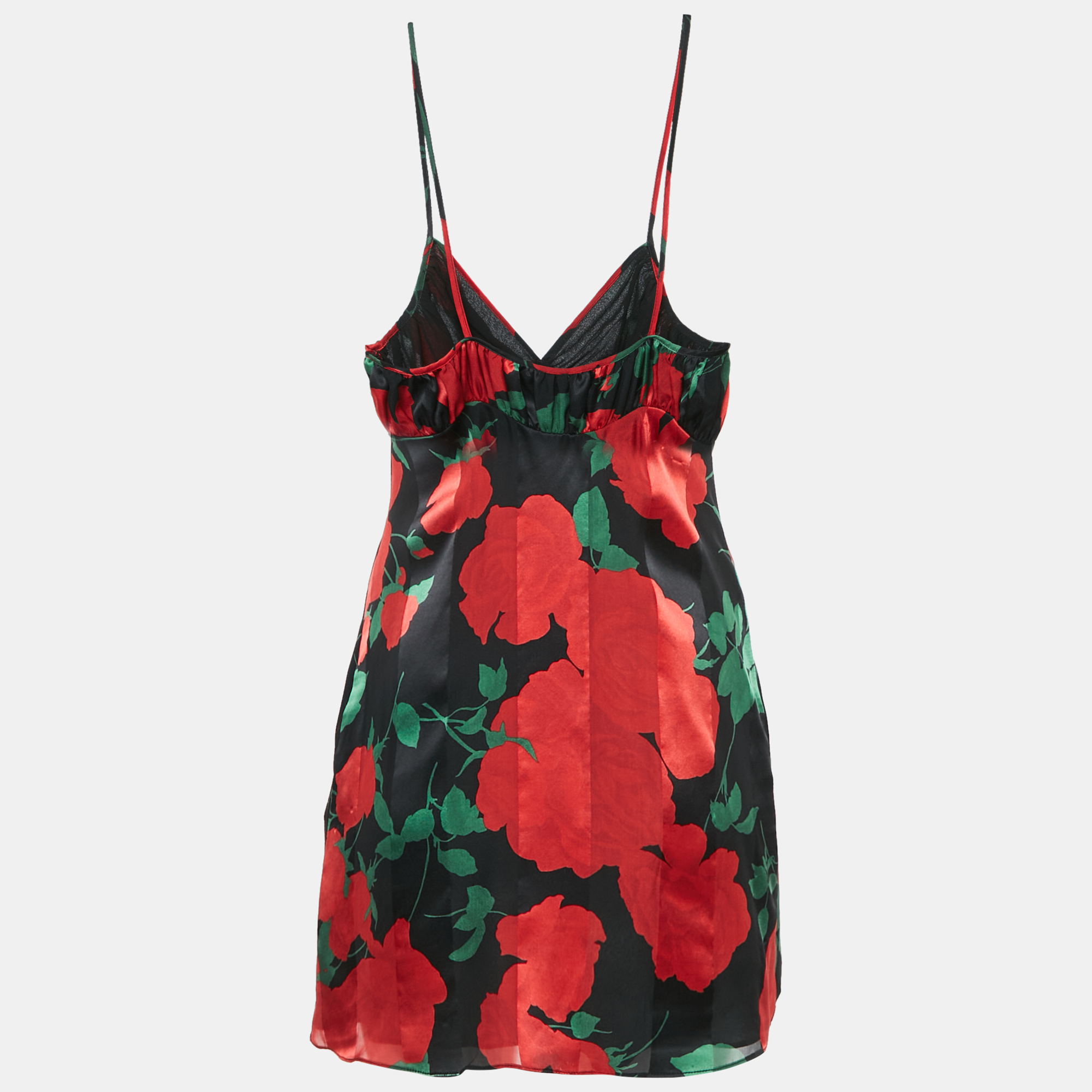 Saint Laurent Black/Red Rose Print Satin Silk Mini Slip Dress S 