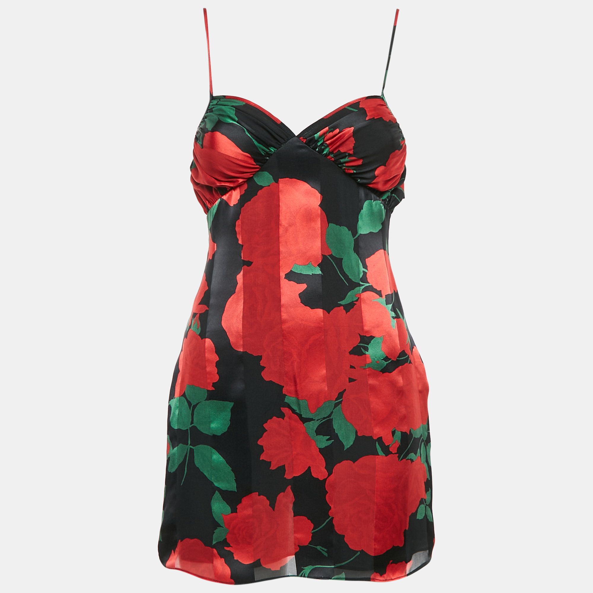 

Saint Laurent Black/Red Rose Print Satin Silk Mini Slip Dress S