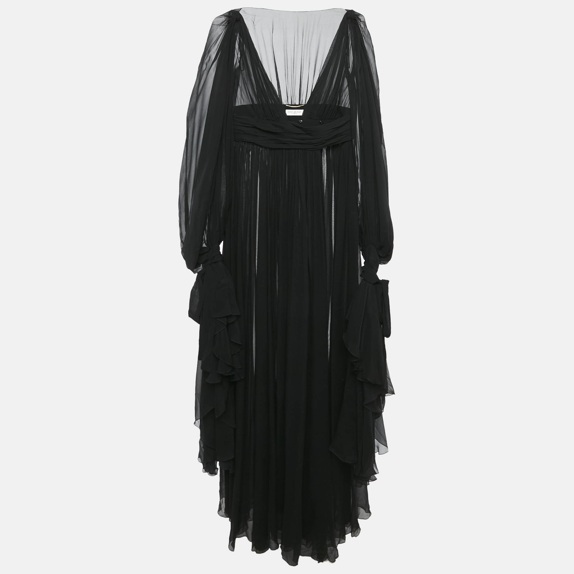 

Saint Laurent Paris Black Sheer Silk Elongated Sleeve Wrap Maxi Dress M