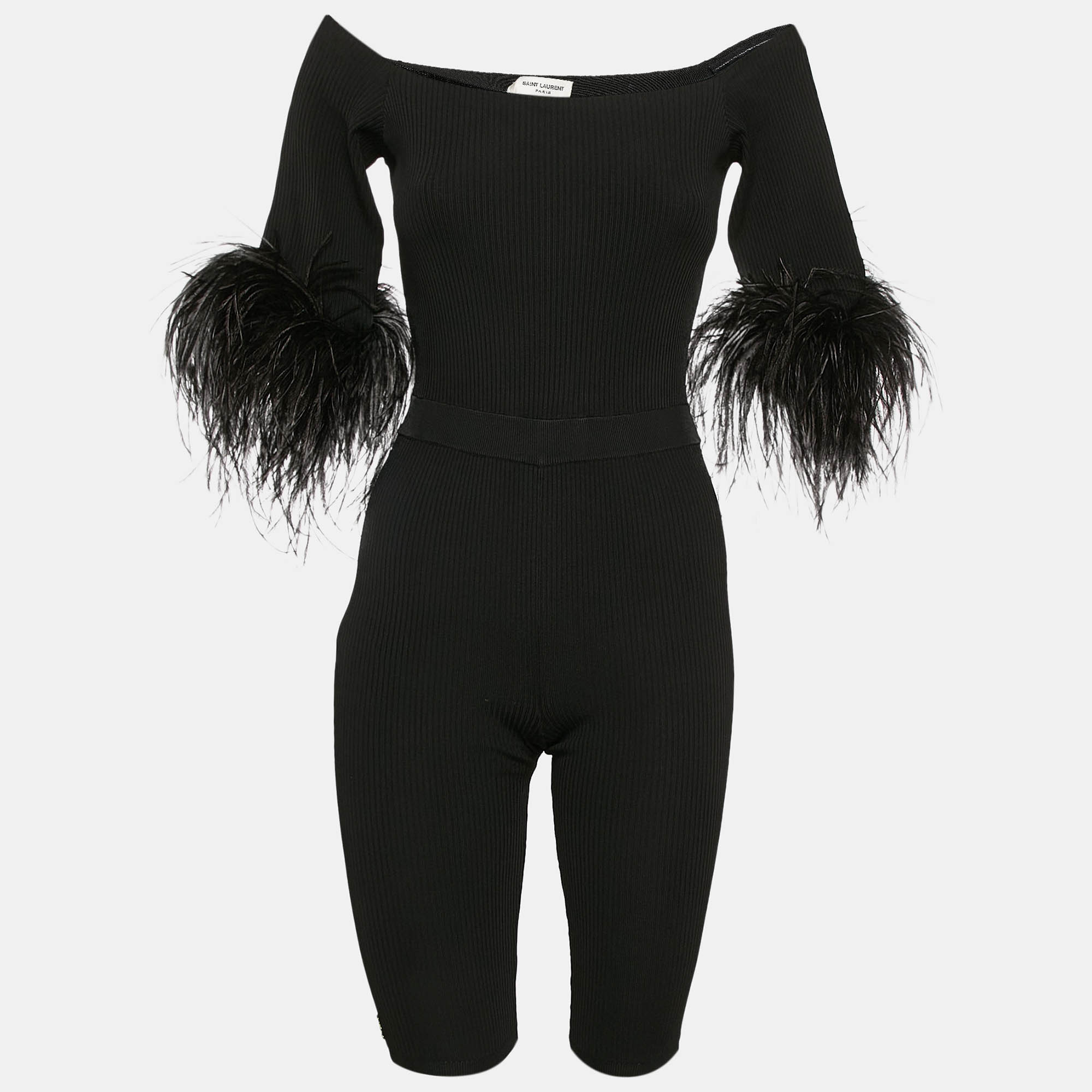 

Saint Laurent Black Ostrich Feather Trim Rib Knit Jumpsuit XS