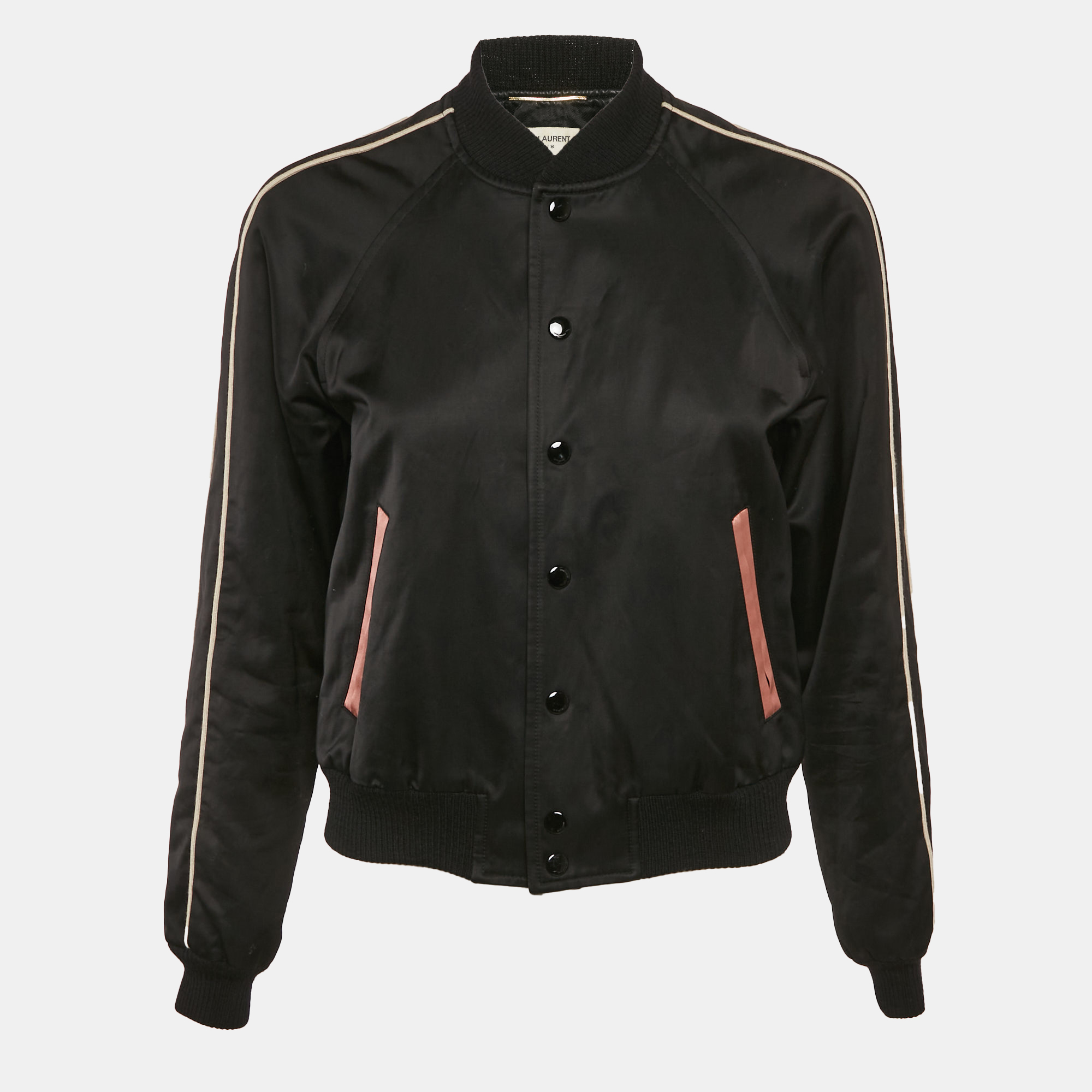 

Saint Laurent Paris Black Printed Satin Bomber Jacket S