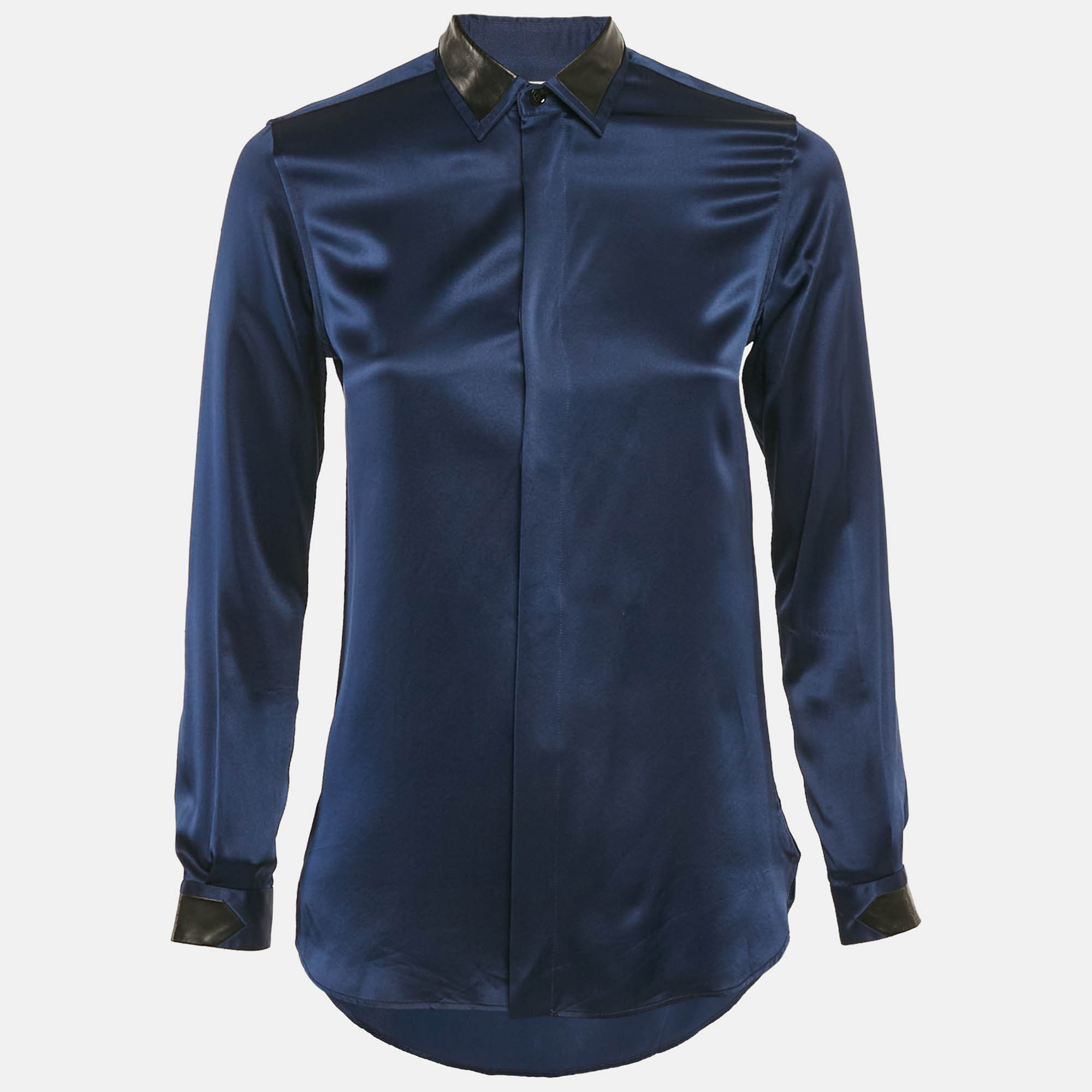 

Saint Laurent Paris Blue Leather Trim Satin Silk Shirt S