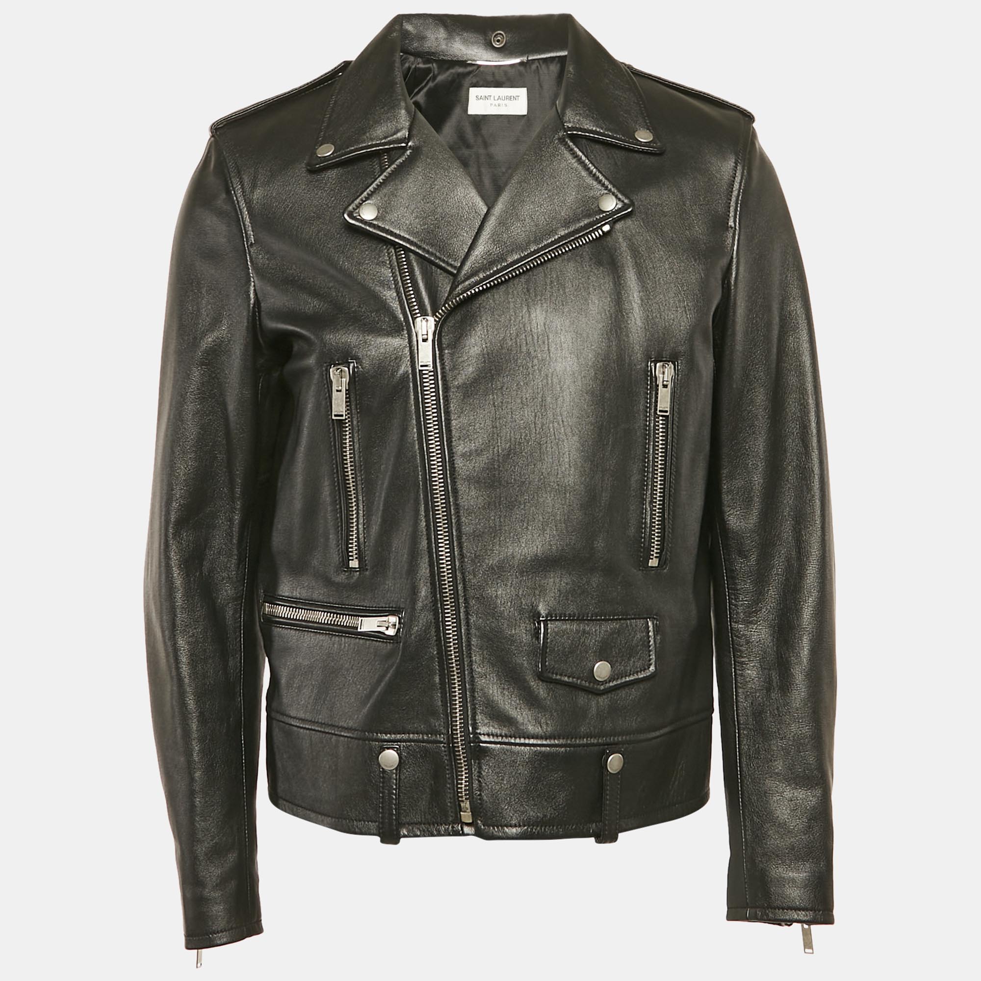 

Saint Laurent Black Leather Studded Zip-Up Biker Jacket XL