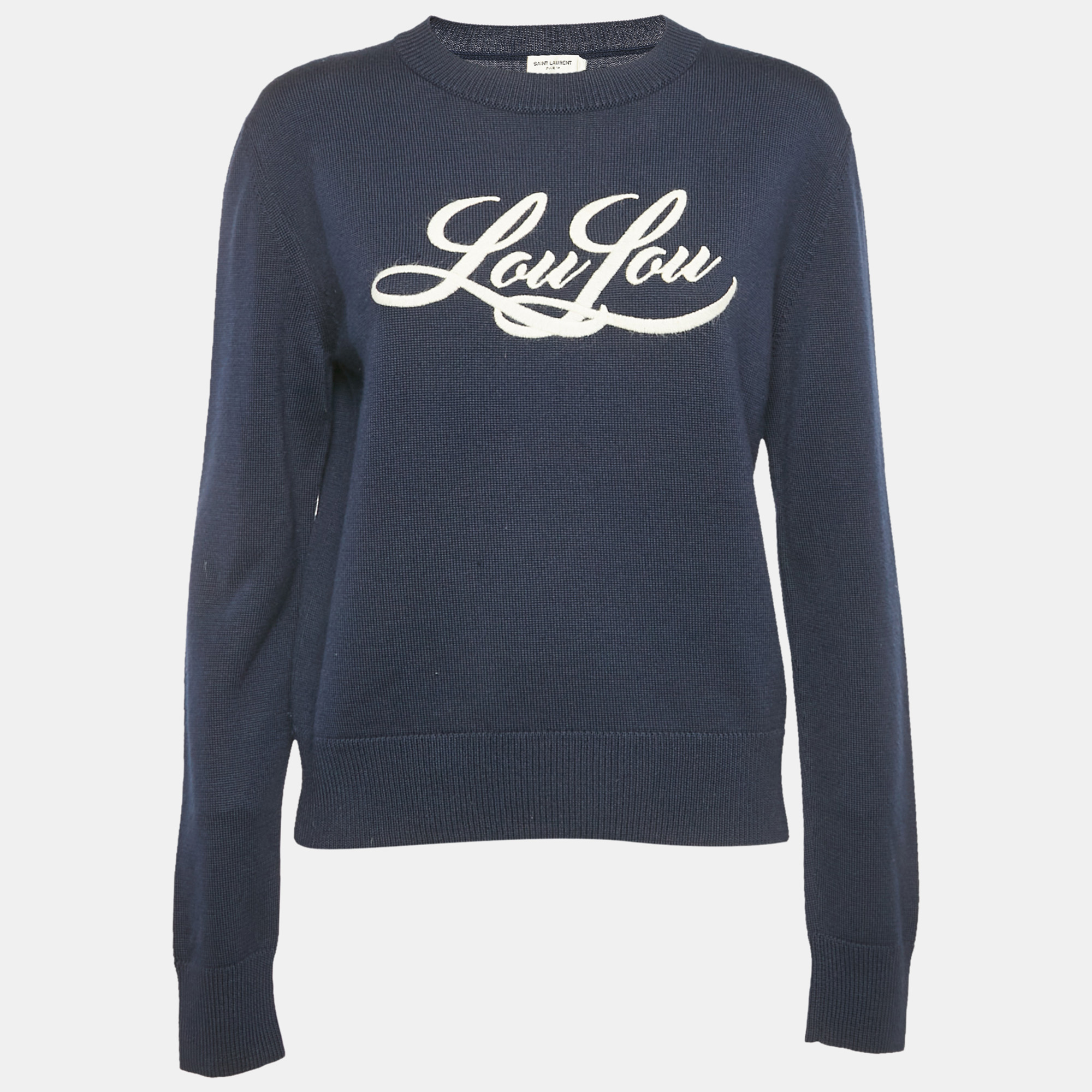 Pre-owned Saint Laurent Blue Embroidered Rib Knit Crewneck Sweater S