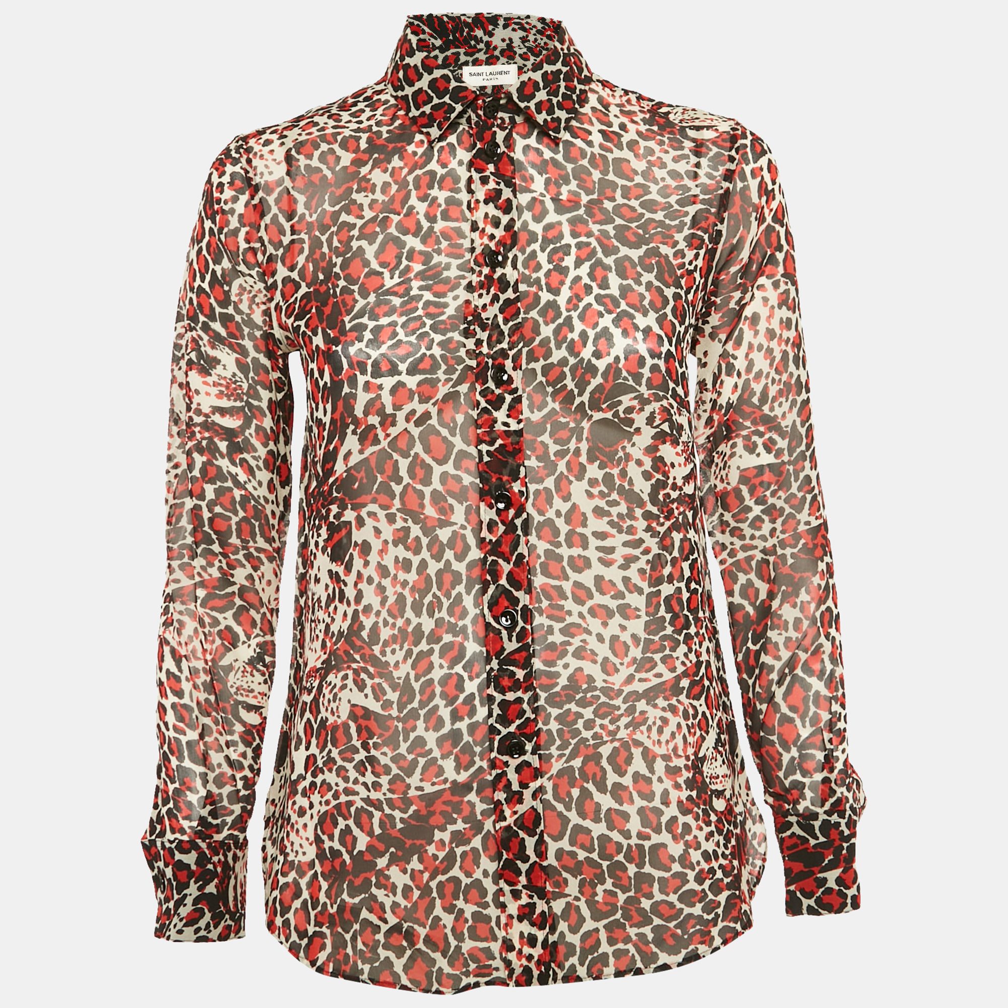 

Saint Laurent Red Leopard Print Silk Sheer Shirt S