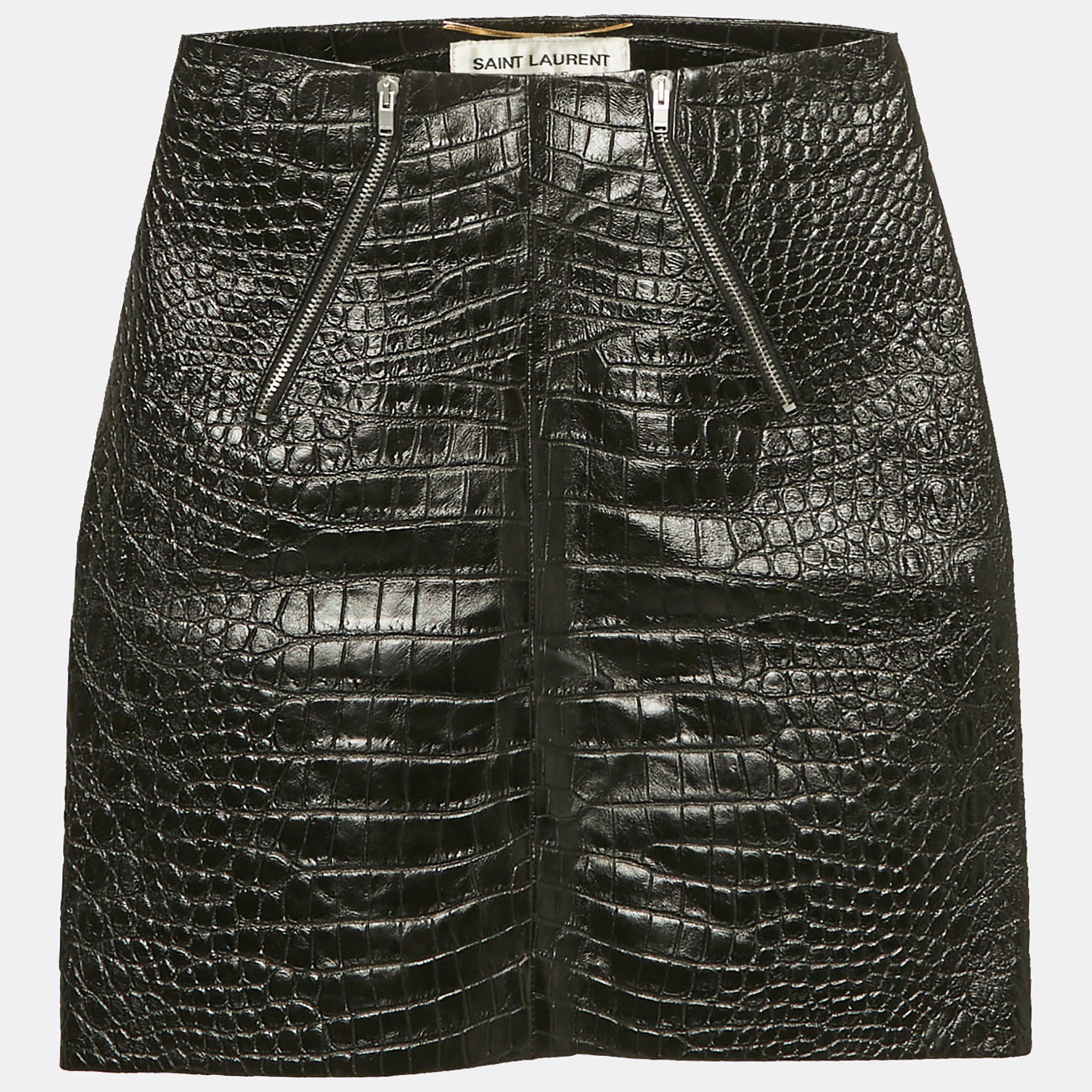 

Saint Laurent Paris Black Croc Patterned Leather Mini Skirt S