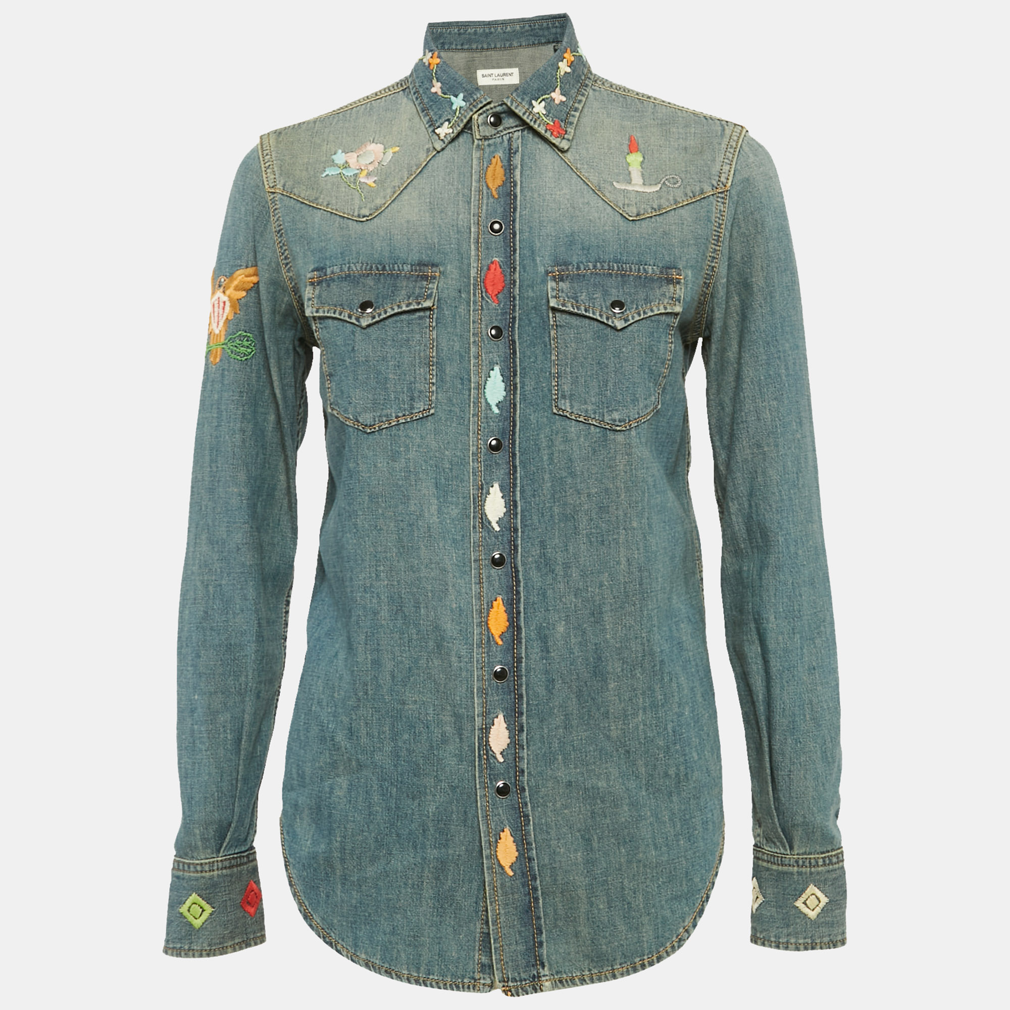 

Saint Laurent Blue Embroidered Denim Button Front Blouse S