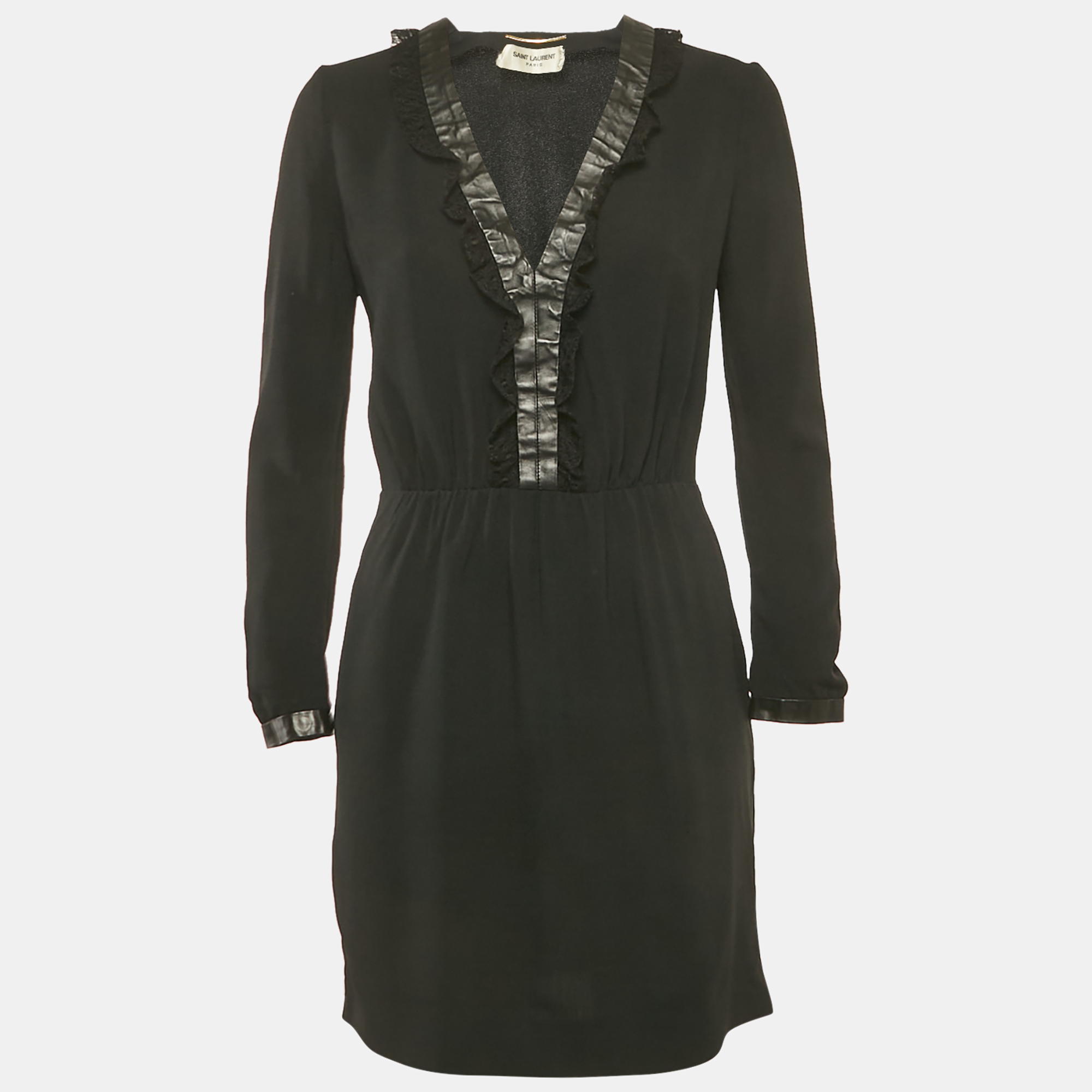 Saint Laurent Black Leather and Lace Trim Crepe Mini Dress M