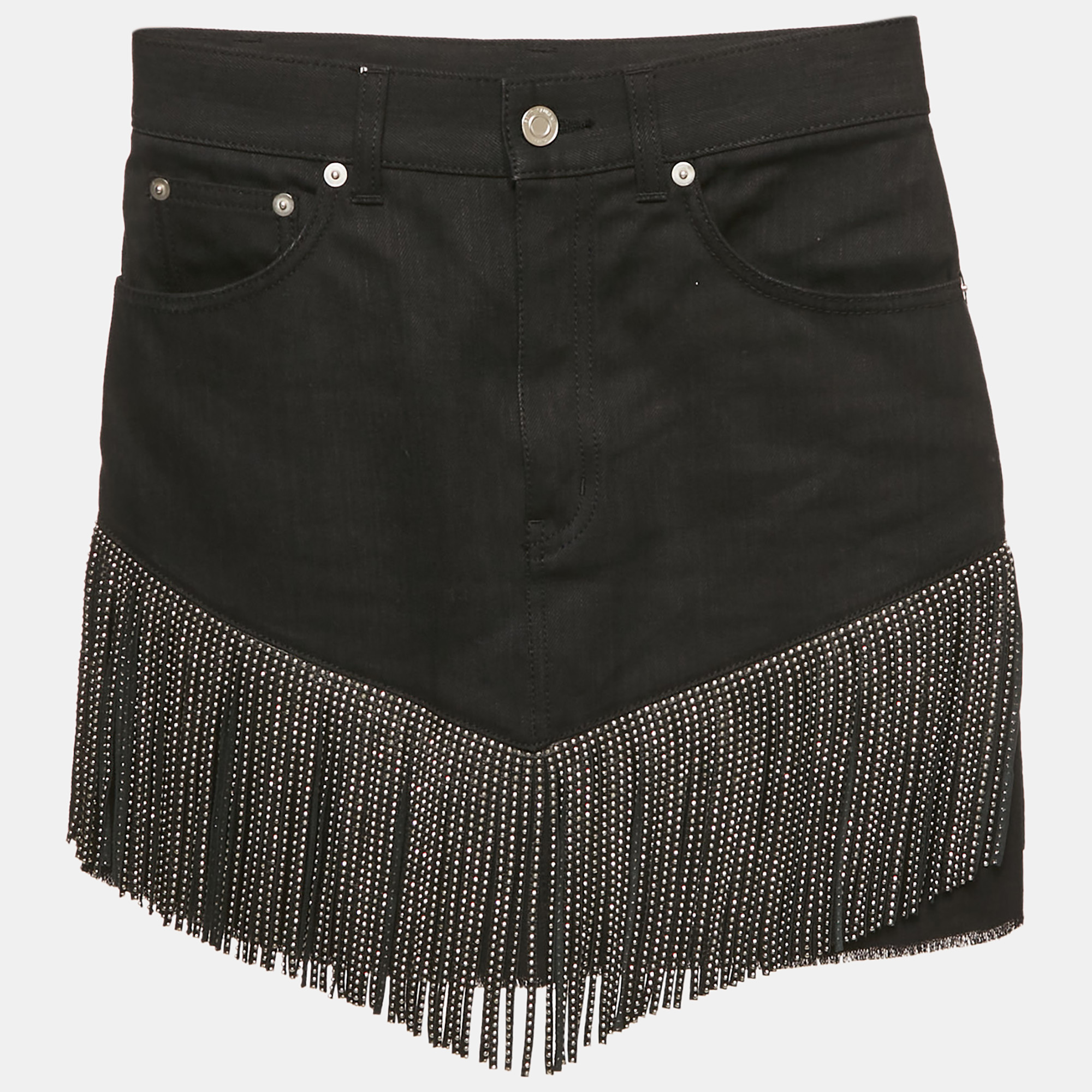 

Saint Laurent Black Studded Leather Fringe Trim Denim Skirt S Waist 27"