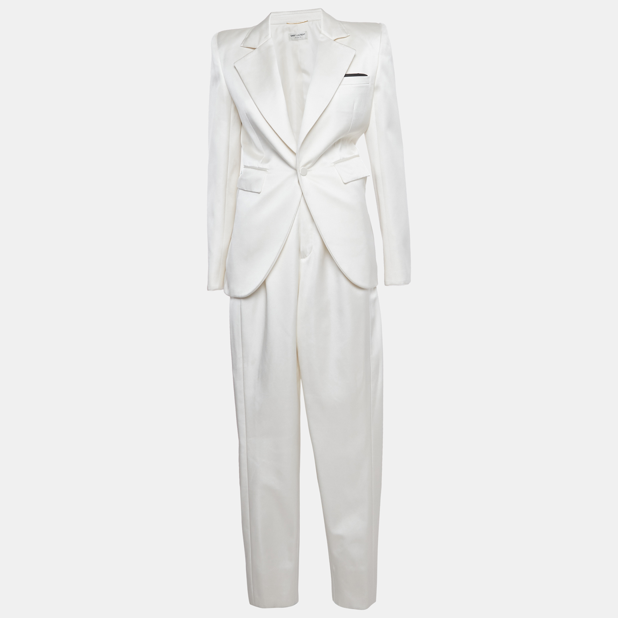 Pre-owned Saint Laurent Ivory Satin Tailored Suit S/m In White