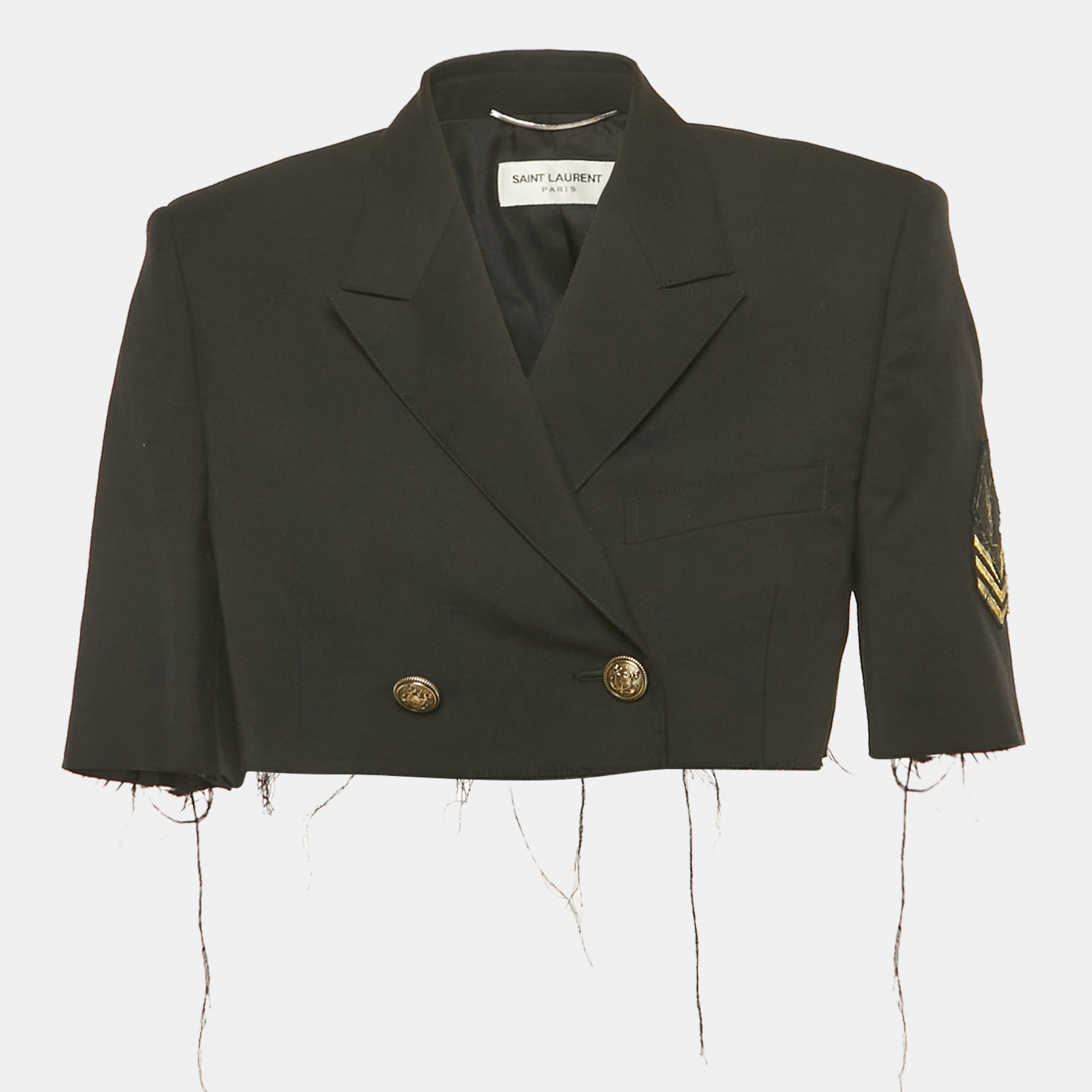 Pre-owned Saint Laurent Black Logo Applique Detail Wool Raw Edge Cropped Jacket L