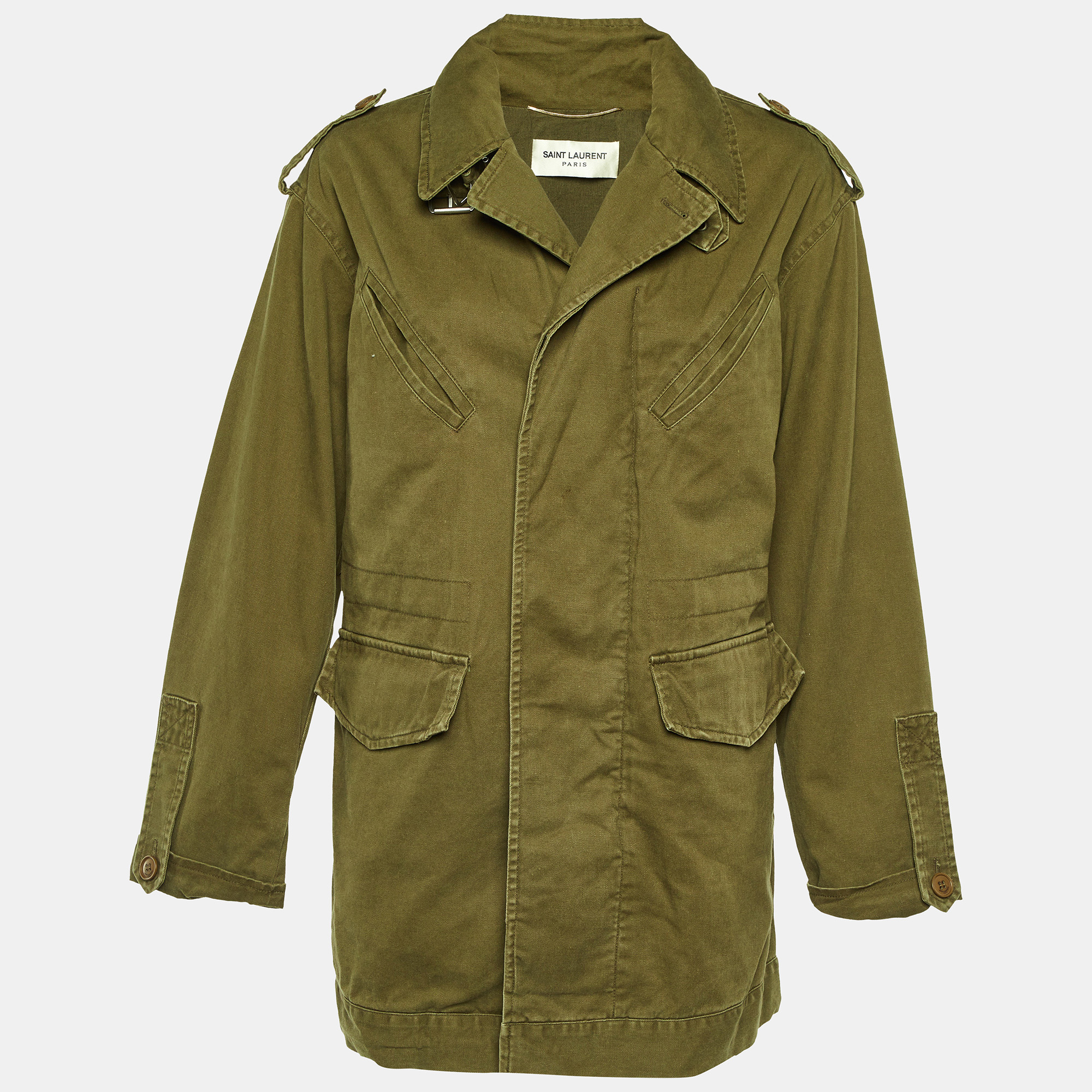 Pre-owned Saint Laurent Olive Green Cotton & Linen Zip Front Oversized Long Jacket S