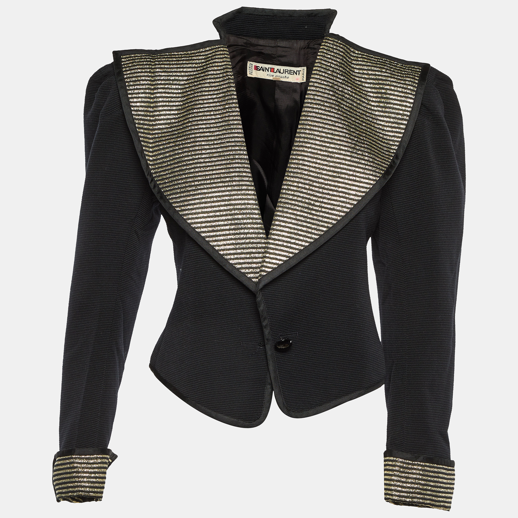 

Saint Laurent Vintage Black Ribbed Lurex Collar Detail Jacket S