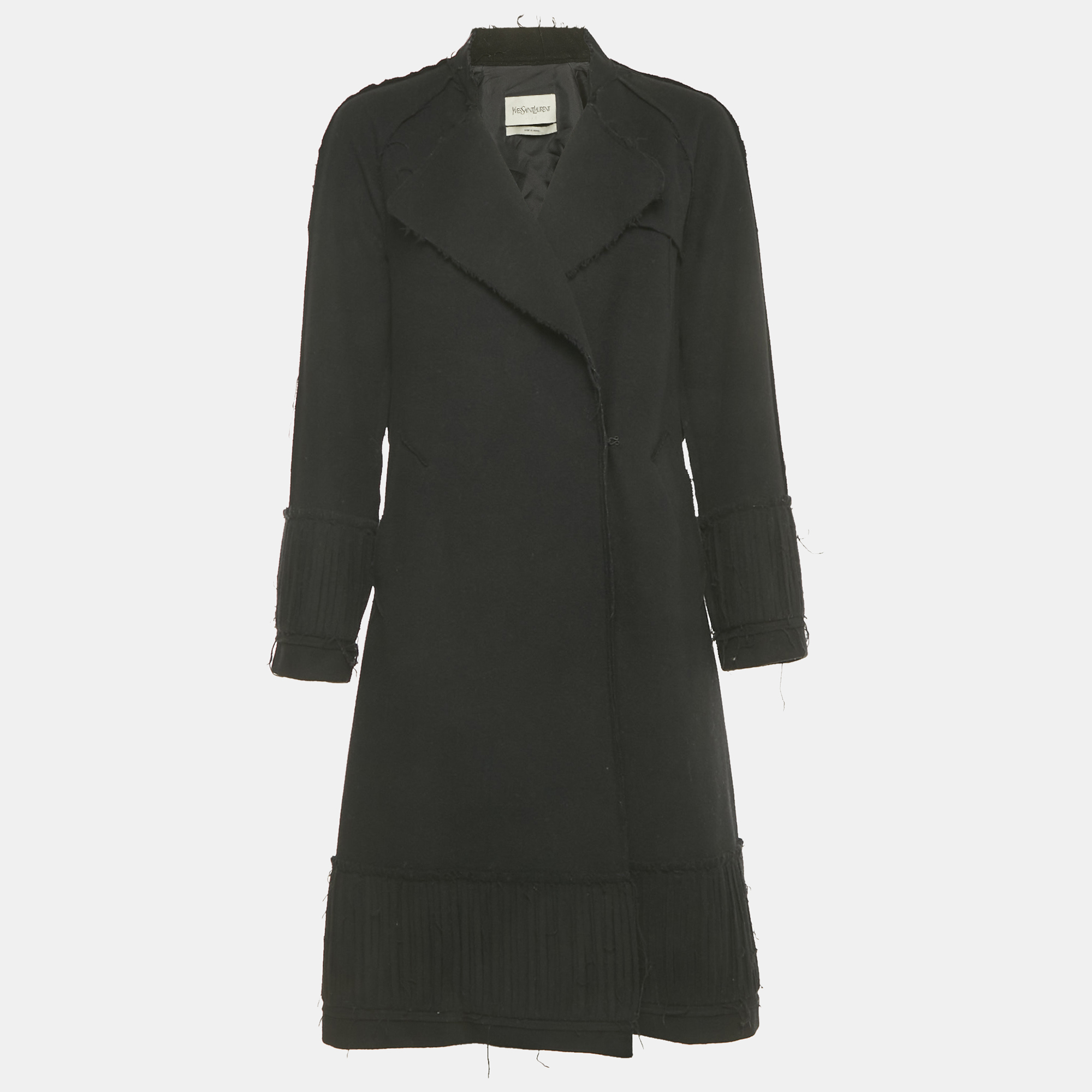 Pre-owned Saint Laurent Black Wool Fringed Trim Distressed Coat S