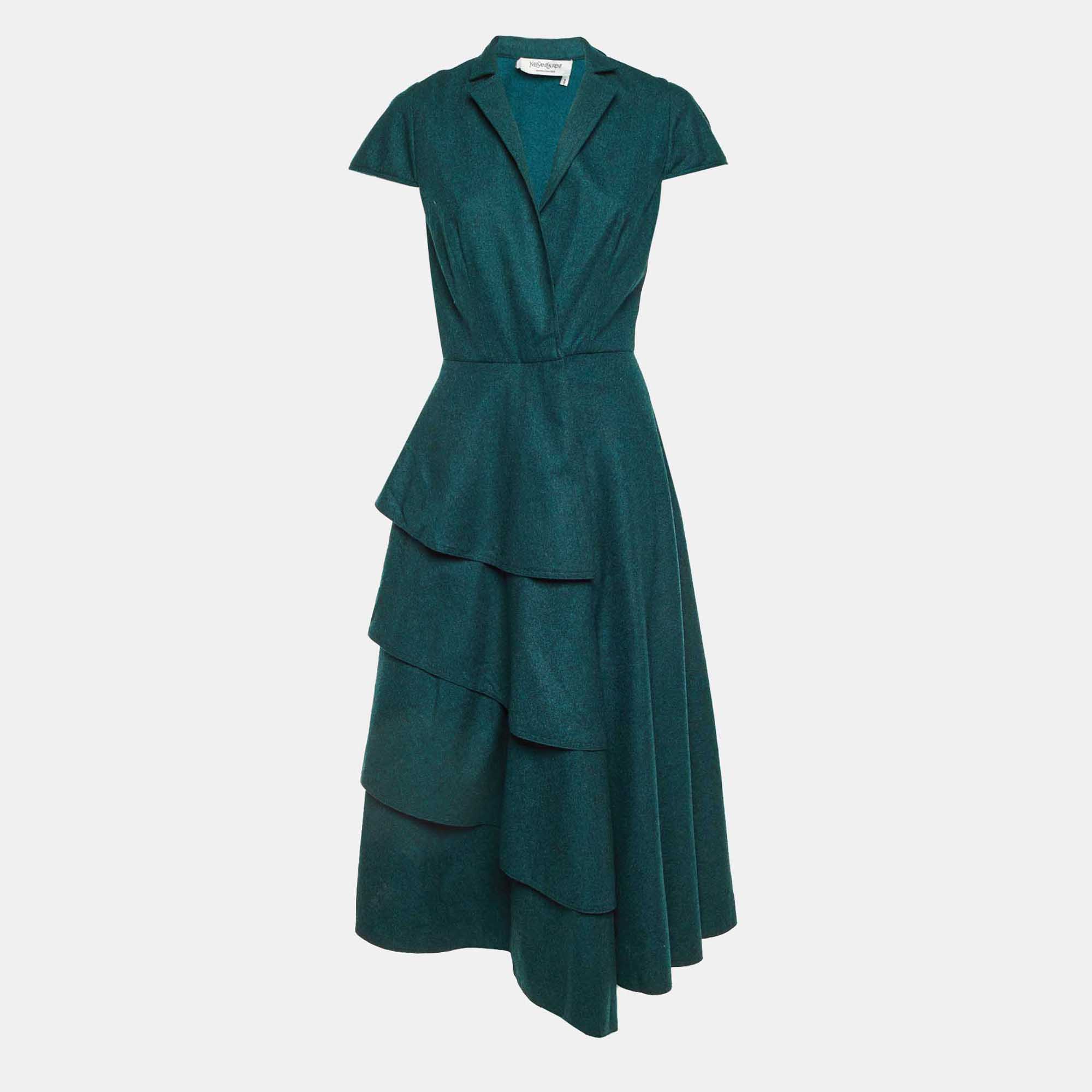

Saint Laurent Paris Dark Green Wool Tiered Midi Dress M