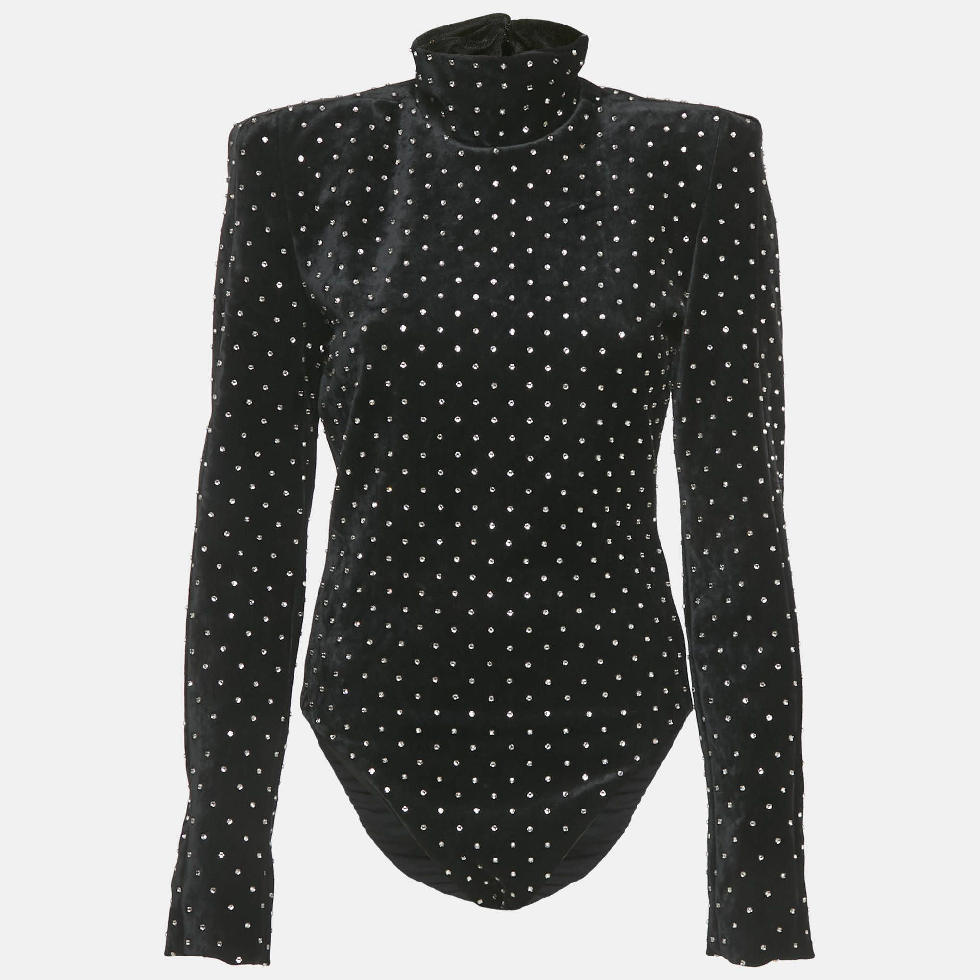 Pre-owned Saint Laurent Black Crystal Embellished Velvet Turtleneck Bodysuit M