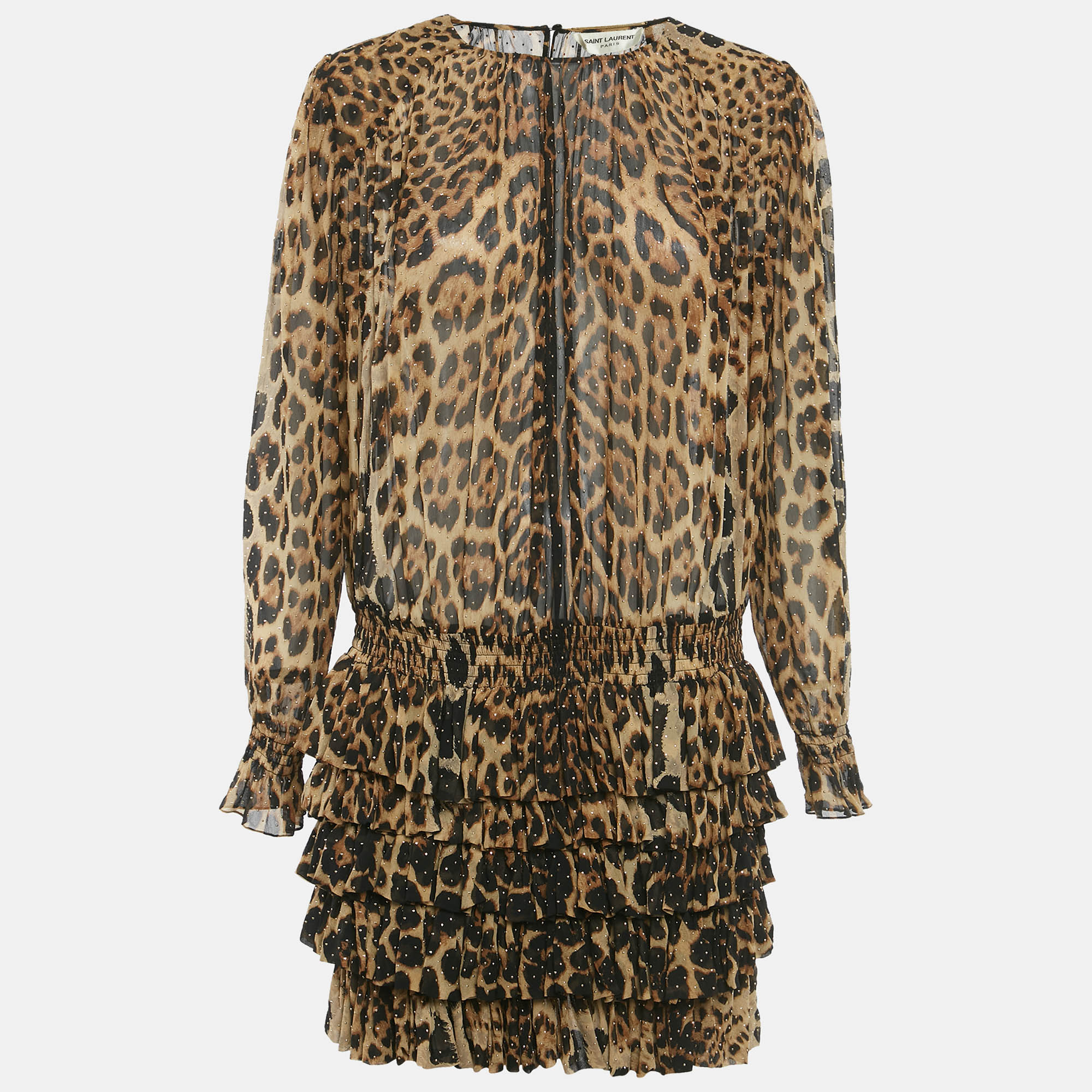 

Saint Laurent Paris Brown Leopard Print Silk Ruffled Mini Dress M