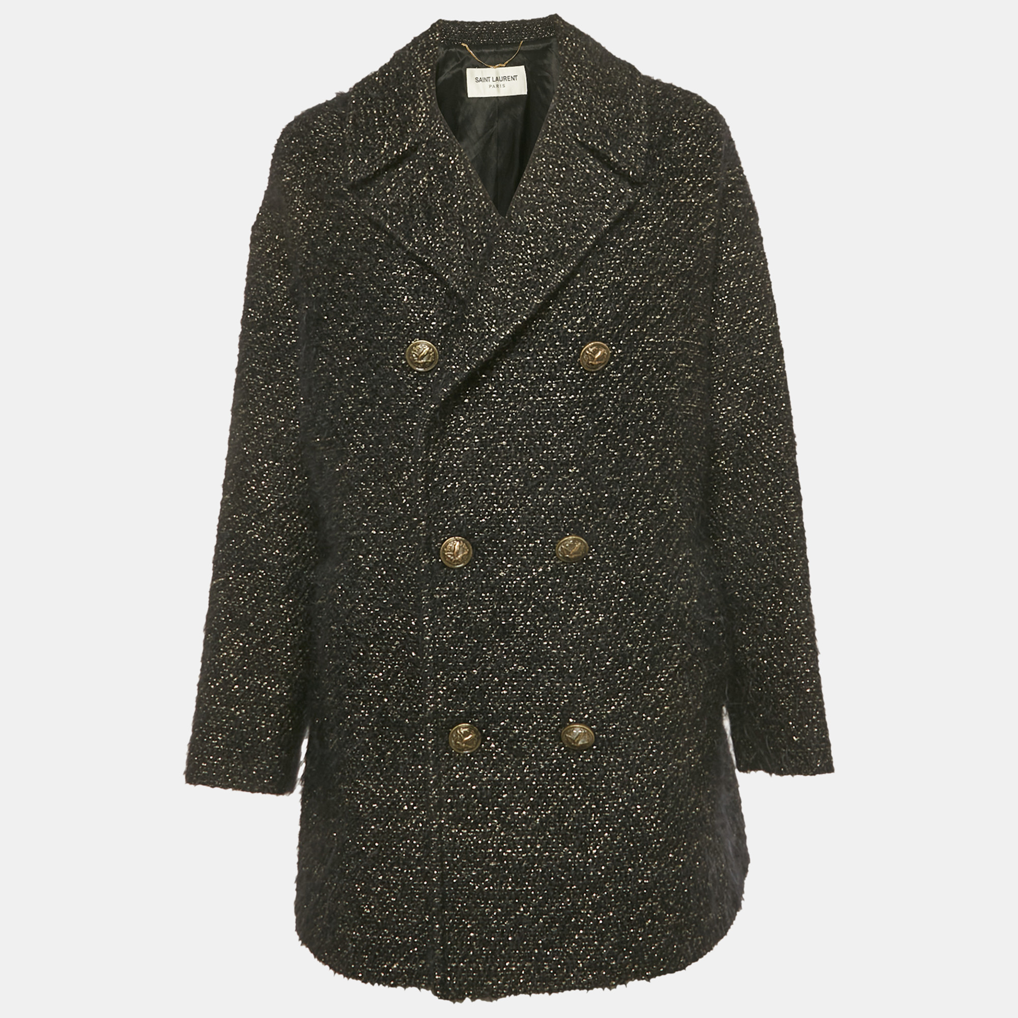Pre-owned Saint Laurent Black Textured Tweed Double Breasted Coat S