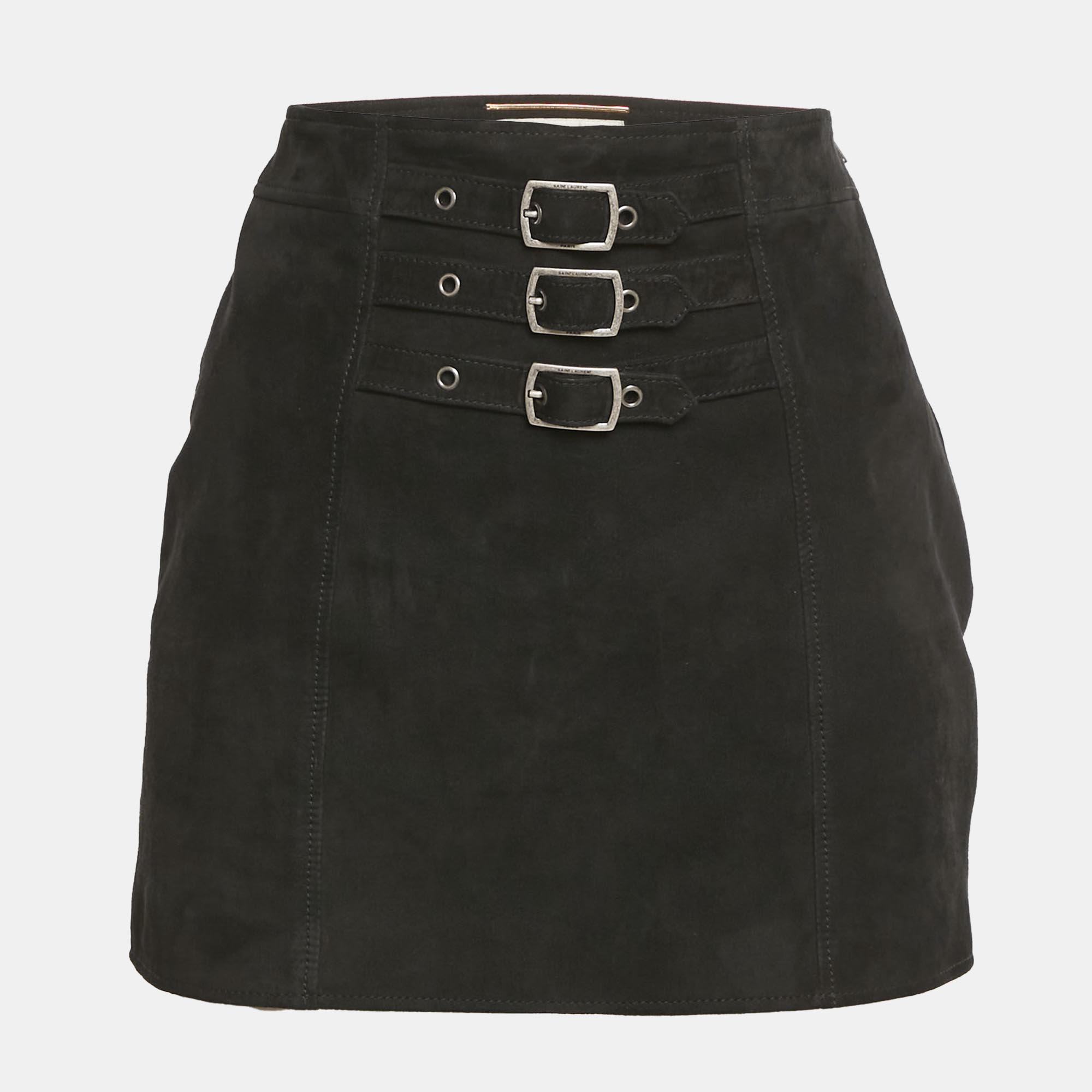 

Saint Laurent Paris Black Suede Buckle Detail Mini Skirt S