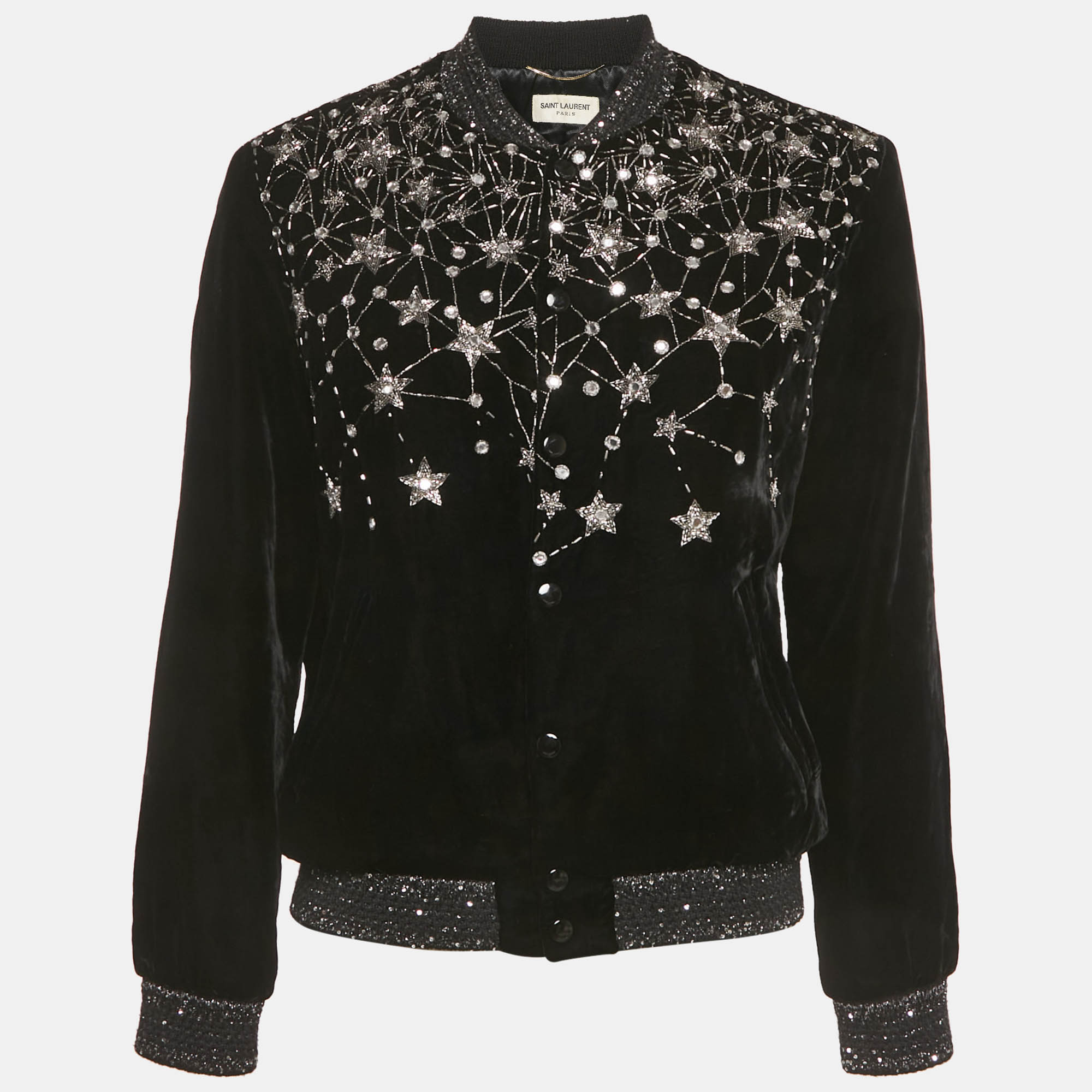 Pre-owned Saint Laurent Black Embellished Velvet Bomber Jacket S