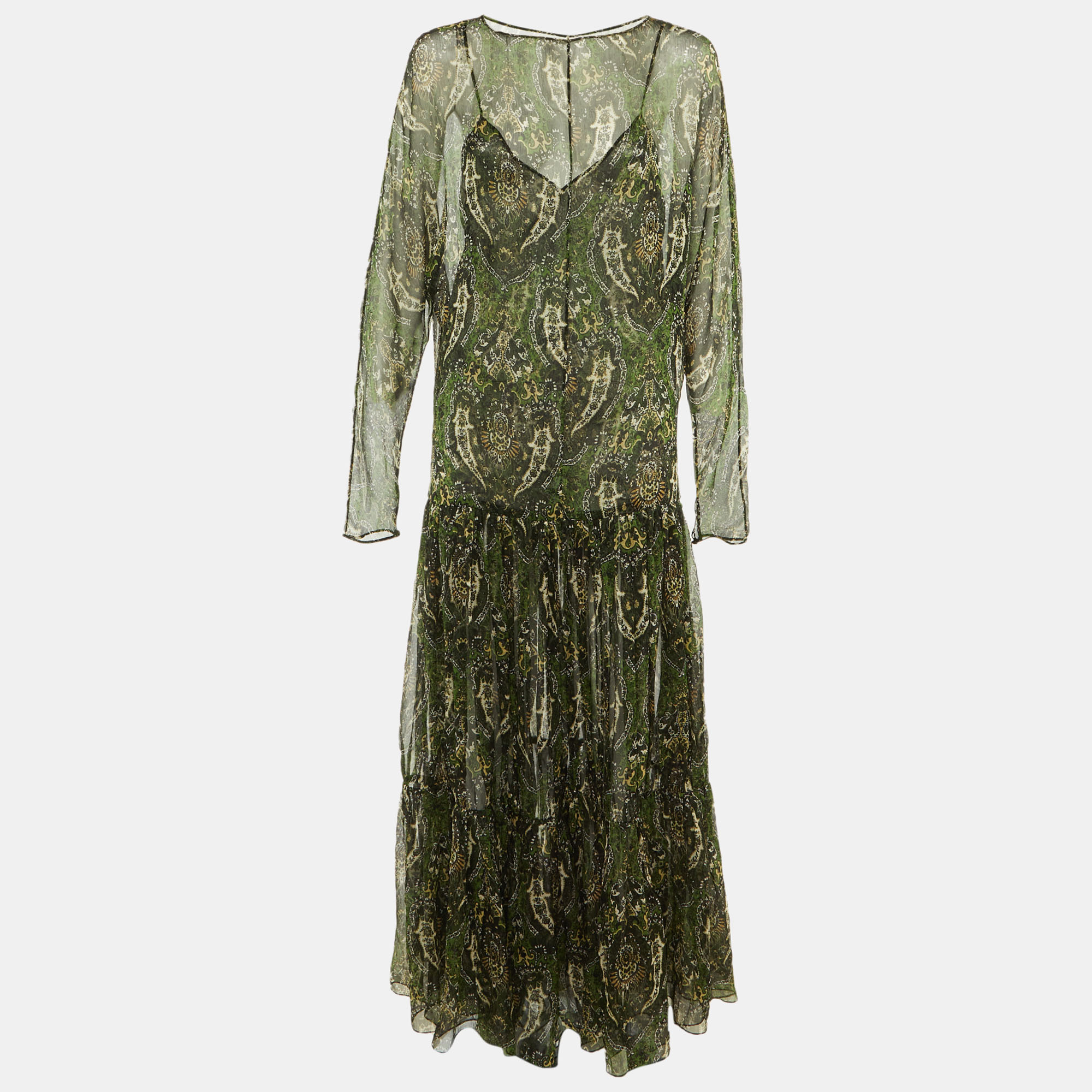 Pre-owned Saint Laurent Green Paisley Print Silk Sheer Maxi Dress M