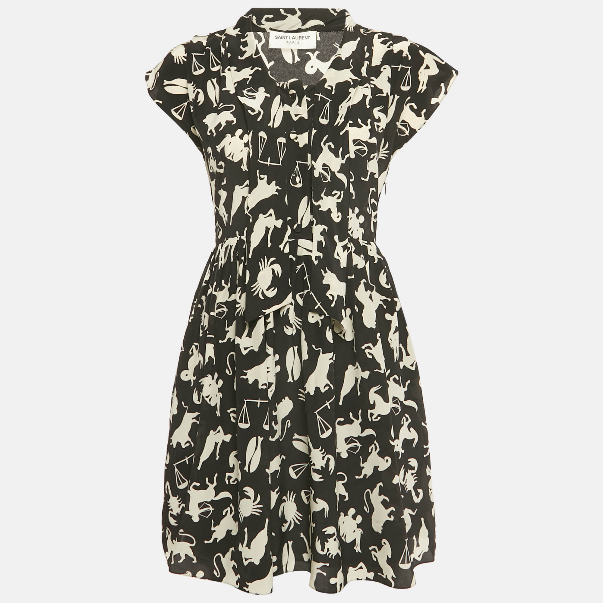 Pre-owned Saint Laurent Black Animal Print Silk Mini Dress M