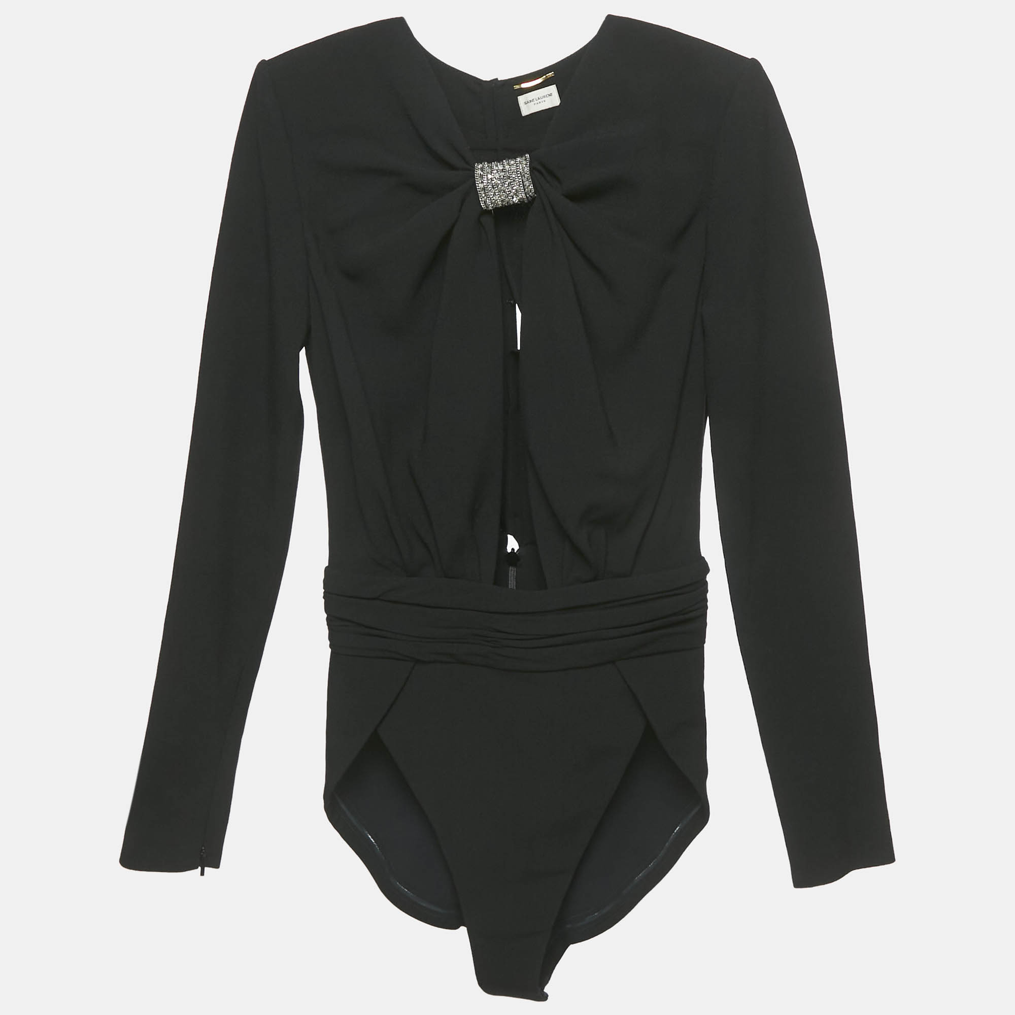 Pre-owned Saint Laurent Black Embellished Detail Crepe Bodysuit S