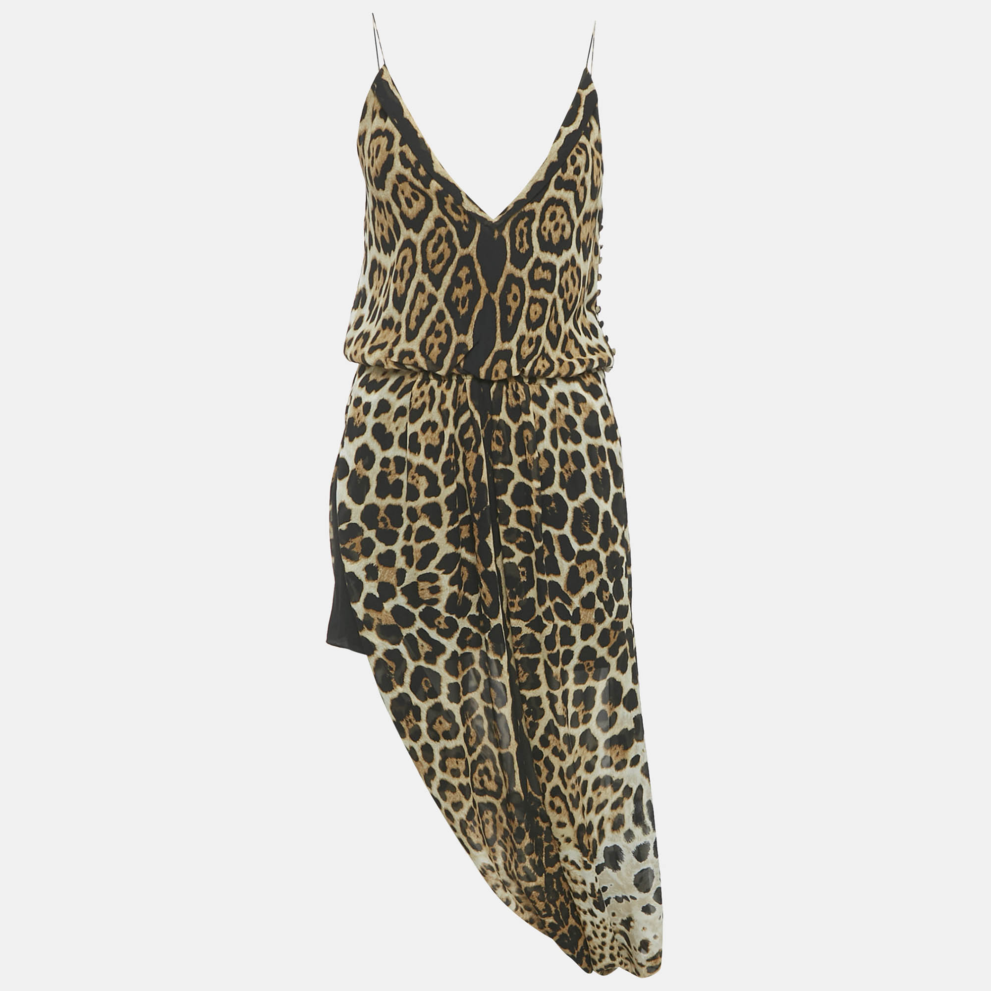 Pre-owned Saint Laurent Black /brown Animal Print Silk Midi Dress M