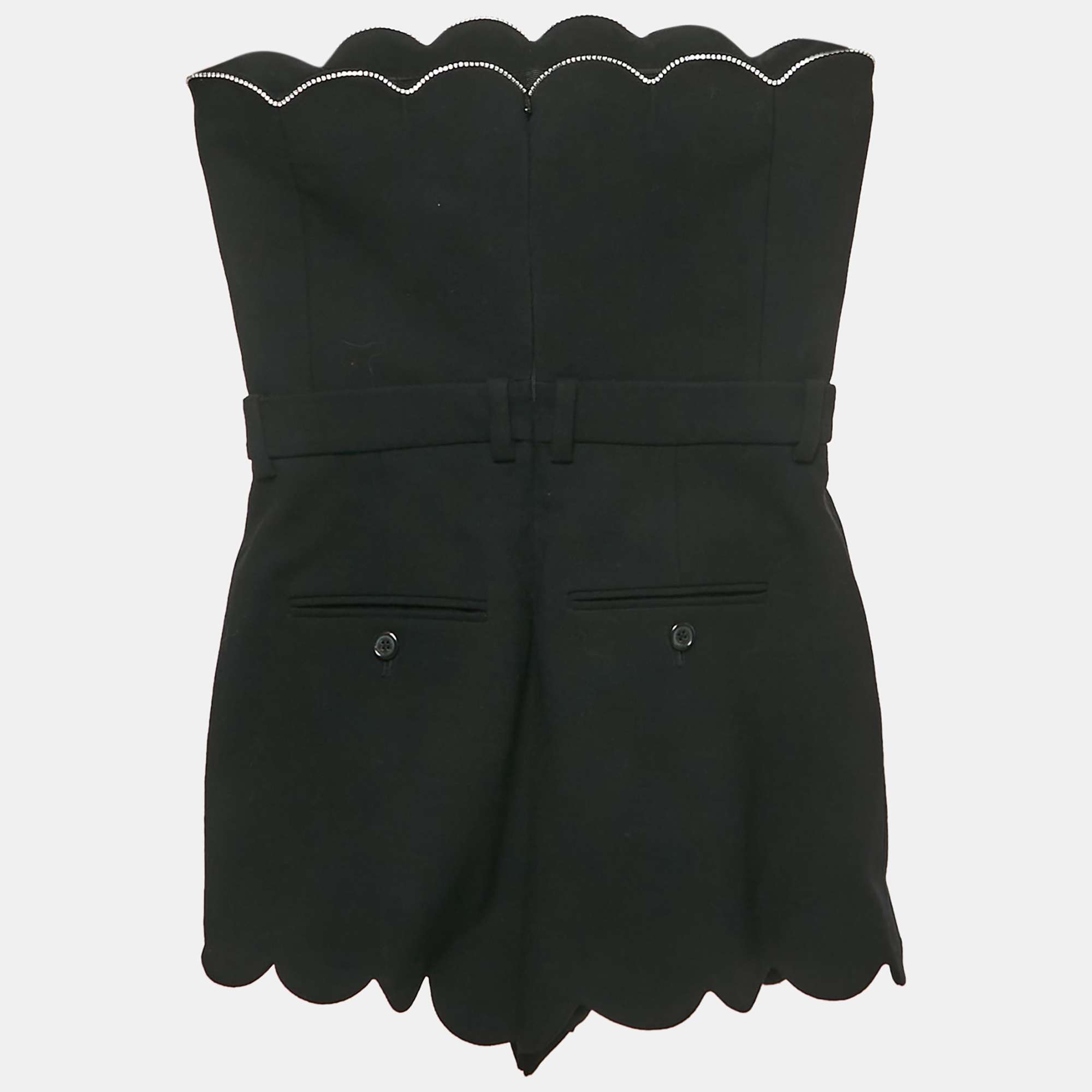 Pre-owned Saint Laurent Black Wool Rhinestone Detail Scallop Playsuit S