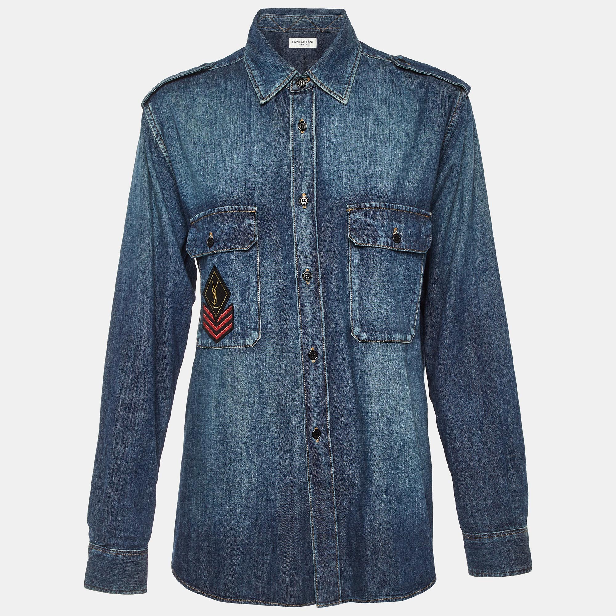 

Saint Laurent Paris Blue Denim Patch Detail Shirt L