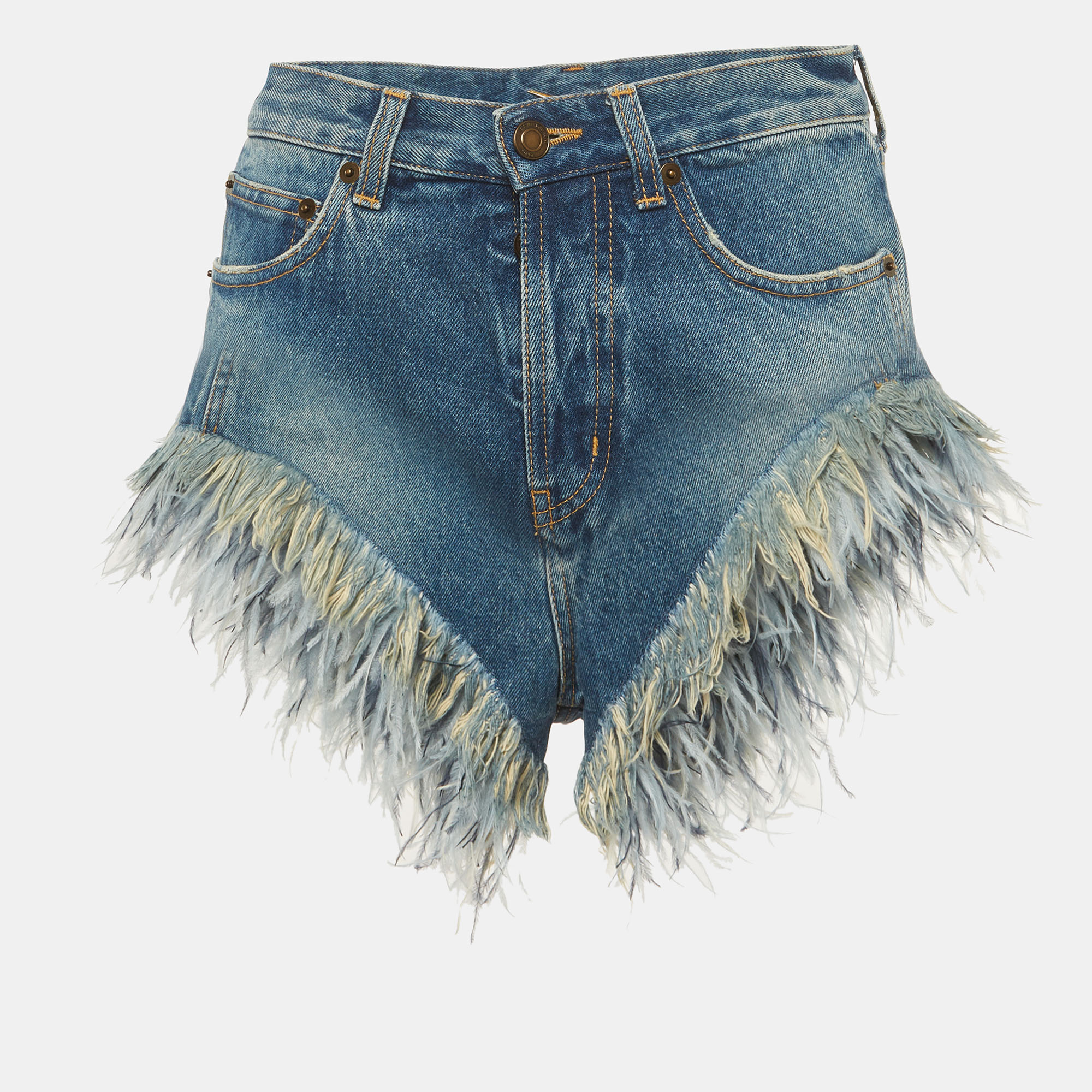 Pre-owned Saint Laurent Blue Feather Trim Denim Shorts S/waist 26"