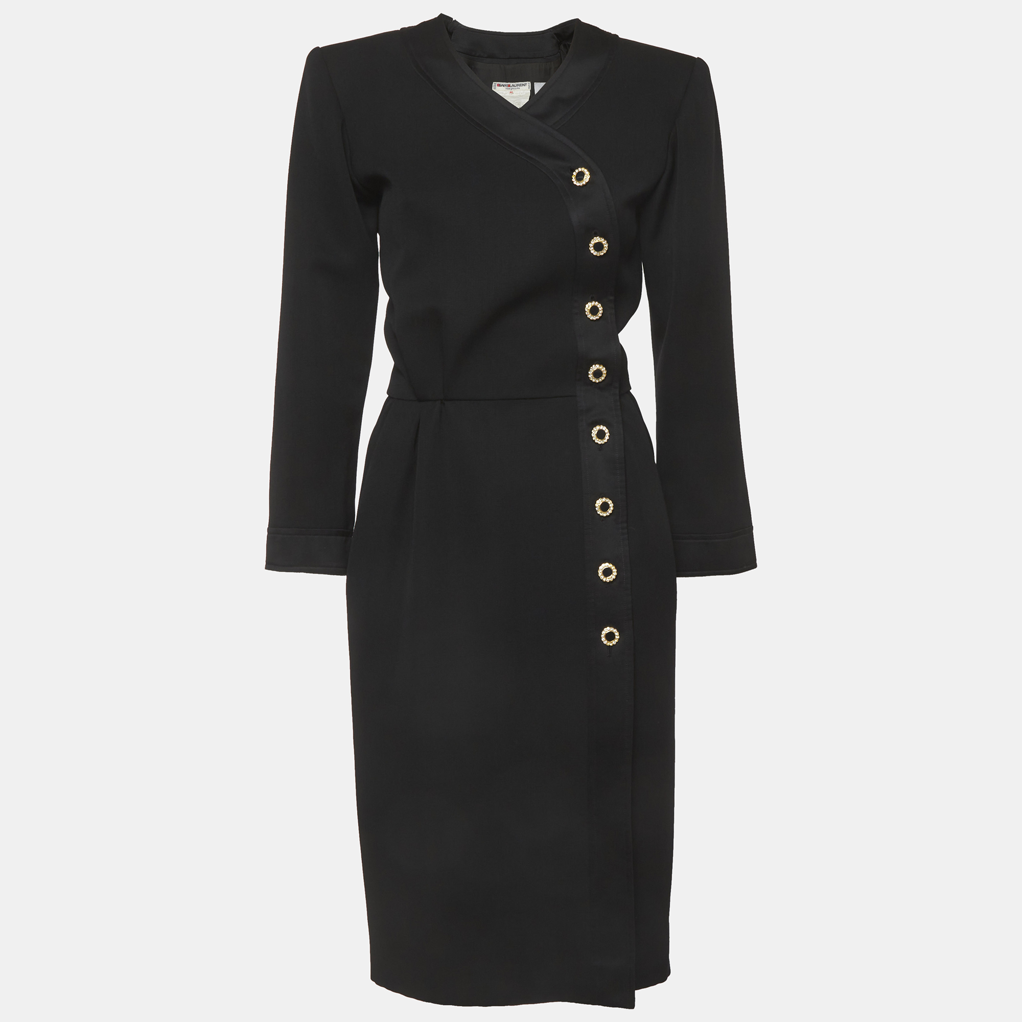 

Saint Laurent Paris Vintage Black Tweed Wrap Midi Dress L
