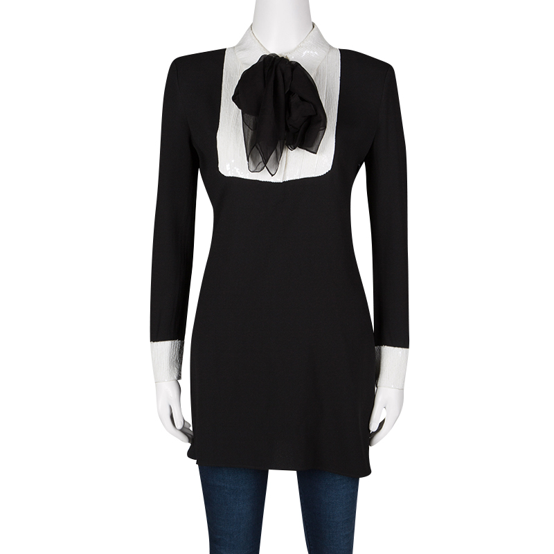 

Saint Laurent Paris Black Sequinned Yoke Detail Long Sleeve Dress