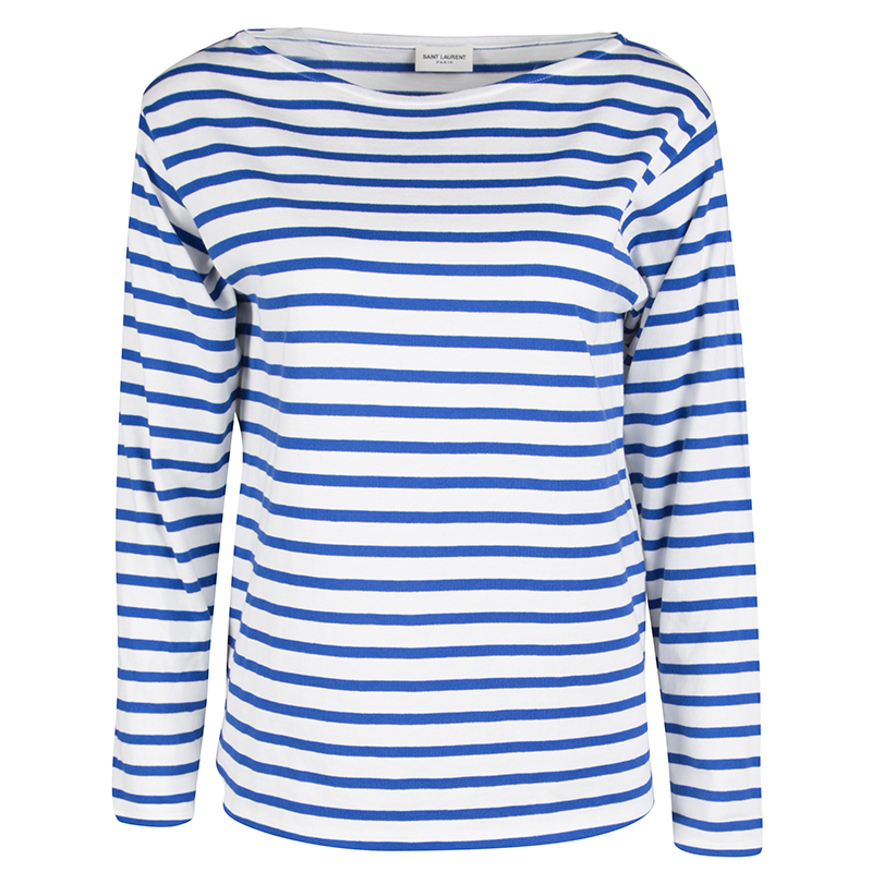 Saint Laurent Paris Blue and White Striped Cotton Knit Long Sleeve Top ...