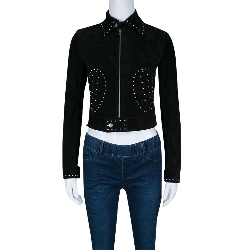 

Saint Laurent Black Calf Suede Studded Biker Jacket