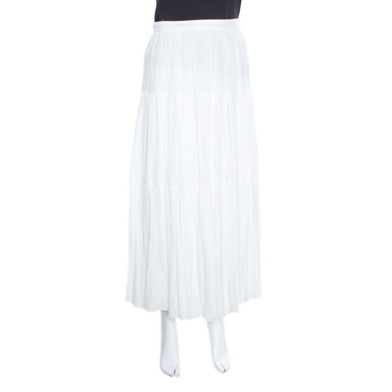 

Saint Laurent Paris White Crinkled Cotton Tiered Midi Skirt