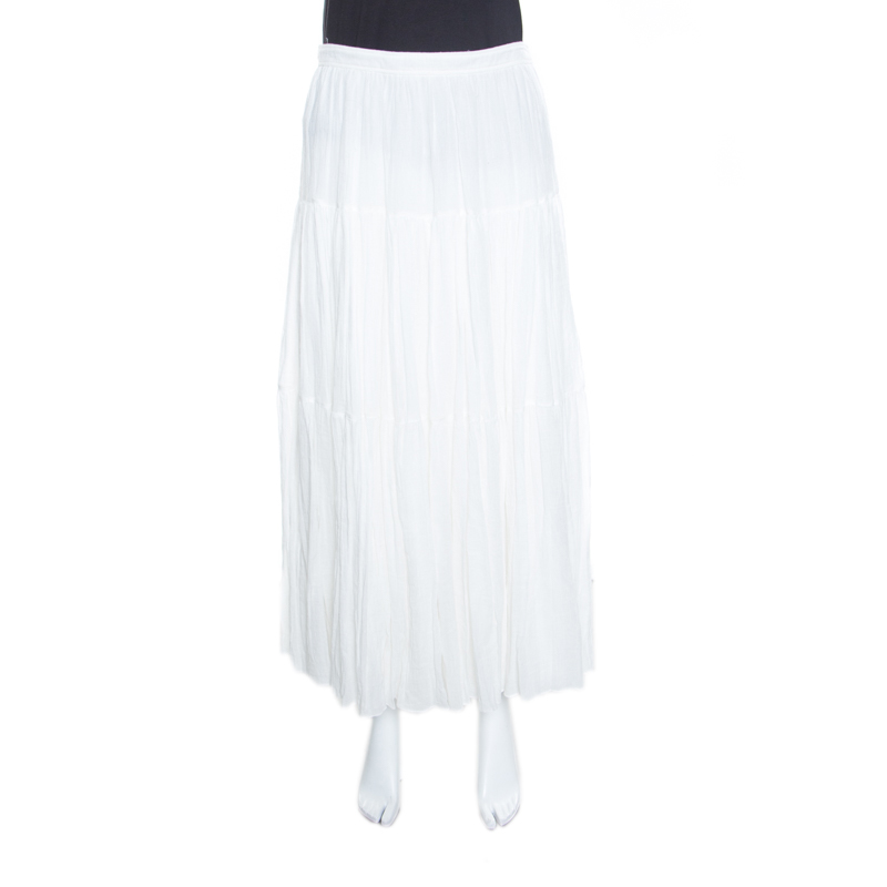 مملوكة مسبقًا Saint Laurent Paris White Crinkled Cotton Tiered Midi Skirt L