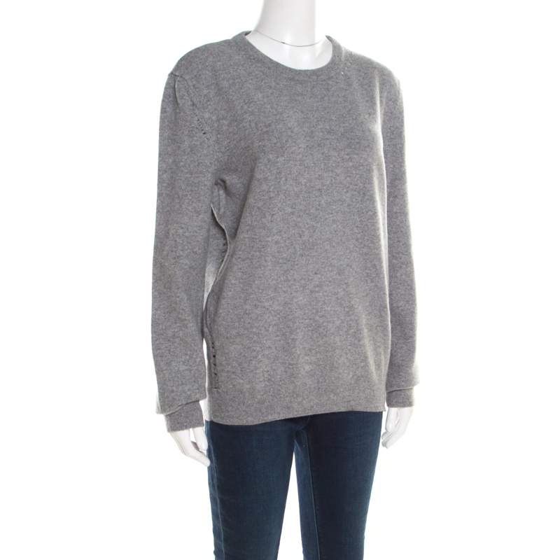 

Saint Laurent Paris Grey Distressed Wool and Cashmere Crew Neck Sweater